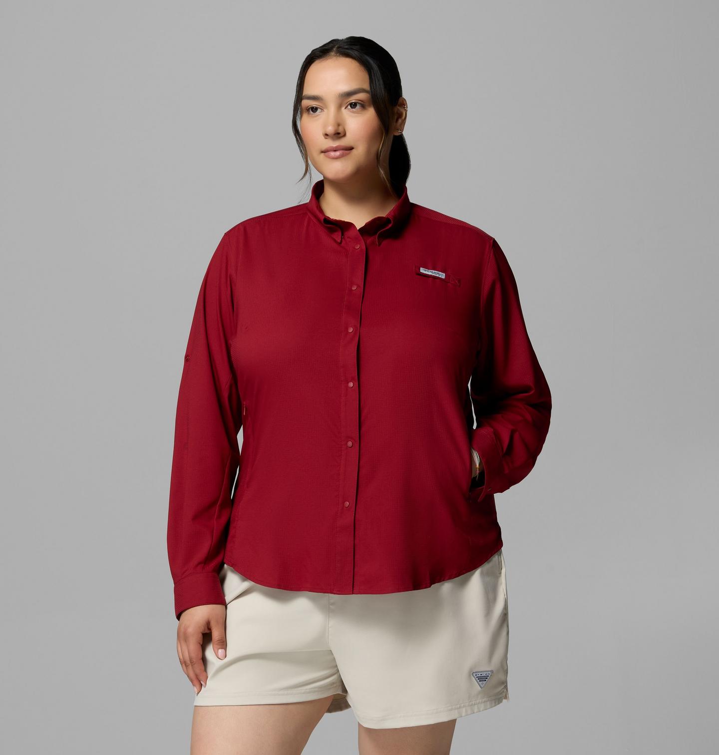 Женская рубашка Columbia PFG Tamiami II Long Sleeve Shirt - Plus Size, цвет: Свекольный — фото 1