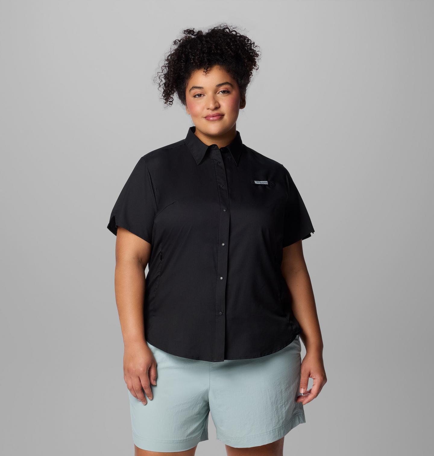 Женская рубашка Columbia PFG Tamiami II Short Sleeve Shirt - Plus Size, цвет: Чёрный — фото 1