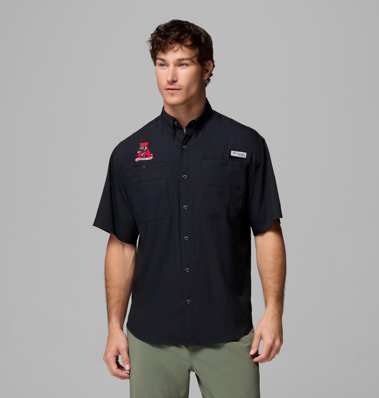 Мужская рубашка Columbia Collegiate PFG Tamiami Short Sleeve Shirt - Alabama, цвет: Чёрный — фото 1