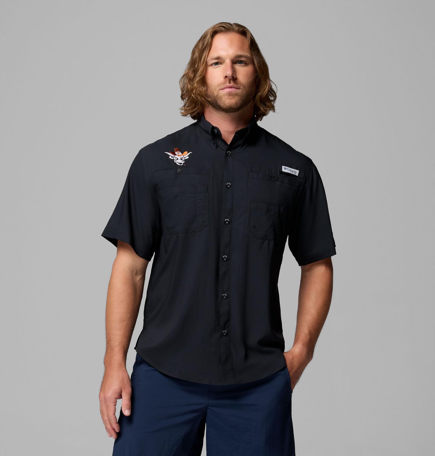 Мужская рубашка Columbia Collegiate PFG Tamiami Short Sleeve Shirt - Texas, цвет: Чёрный — фото 1