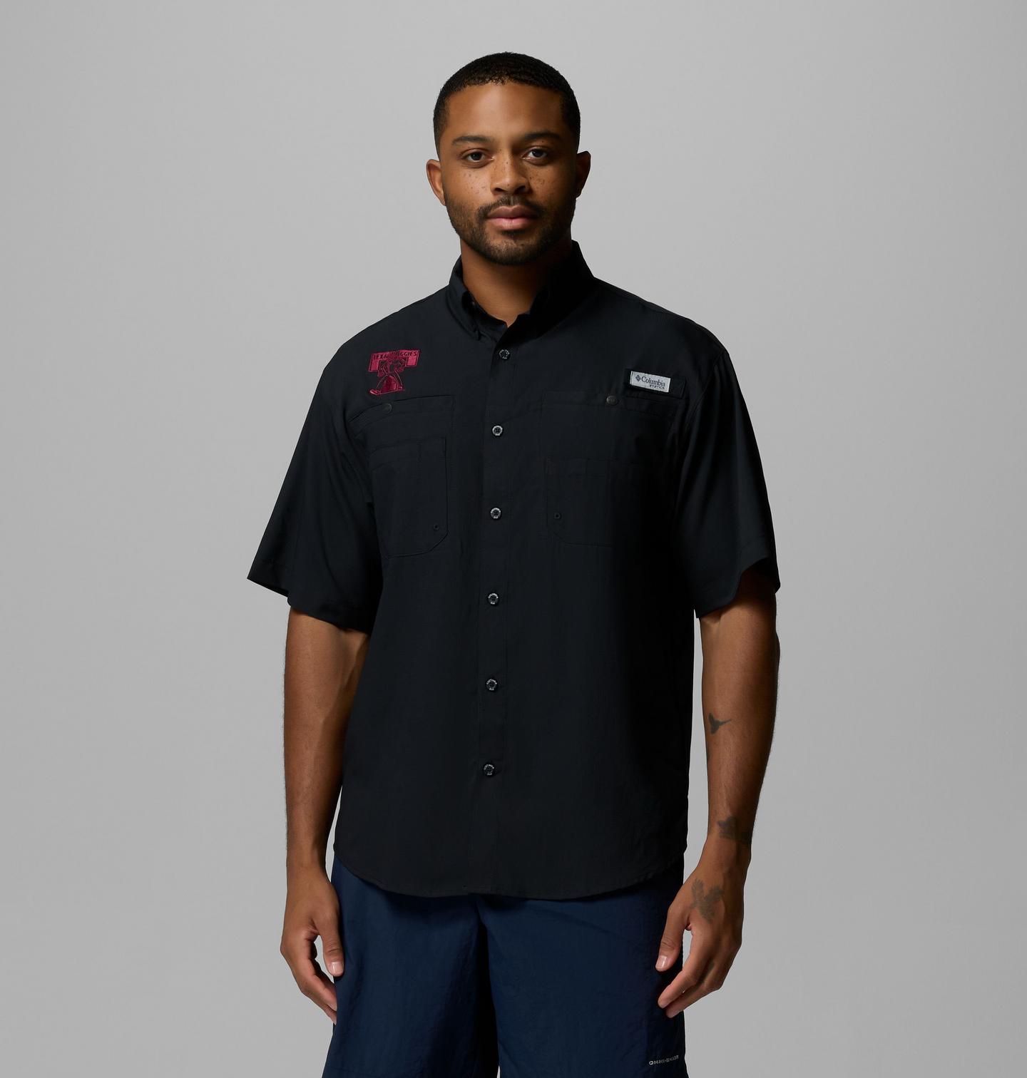 Мужская рубашка Columbia Collegiate PFG Tamiami Short Sleeve Shirt - Texas A&M, цвет: Чёрный — фото 1
