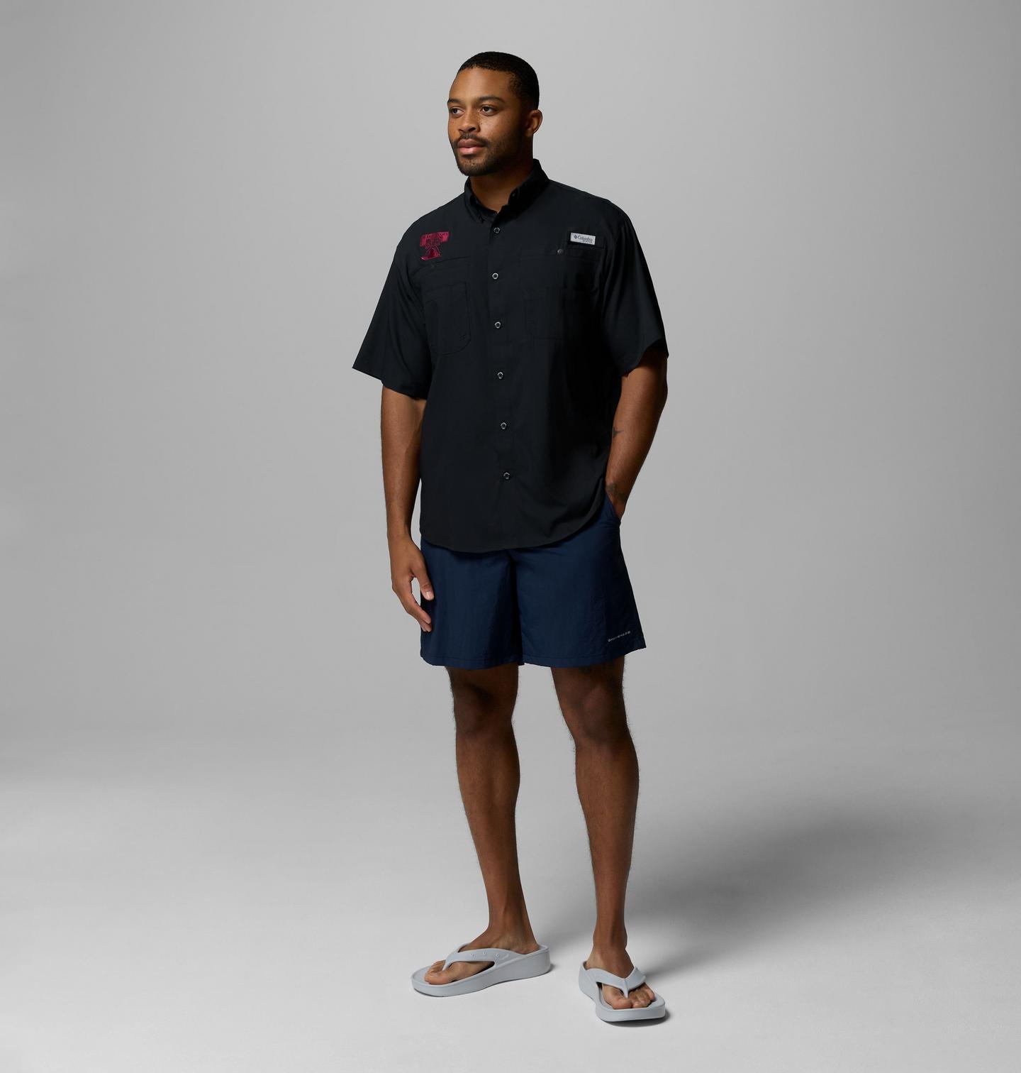 Мужская рубашка Columbia Collegiate PFG Tamiami Short Sleeve Shirt - Texas A&M, цвет: Чёрный — фото 2