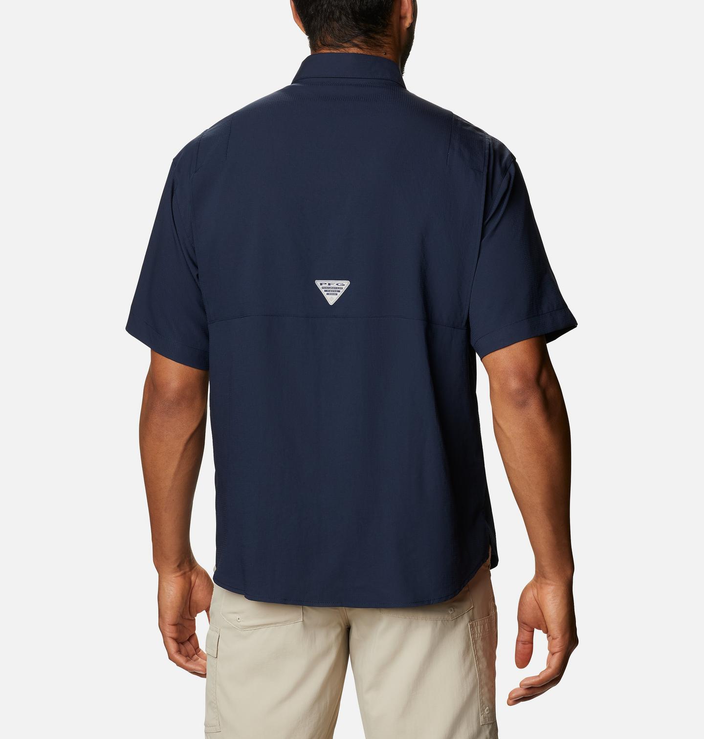 Мужская рубашка Columbia Collegiate PFG Tamiami Short Sleeve Shirt - West Virginia, цвет: Тёмно-синий — фото 2