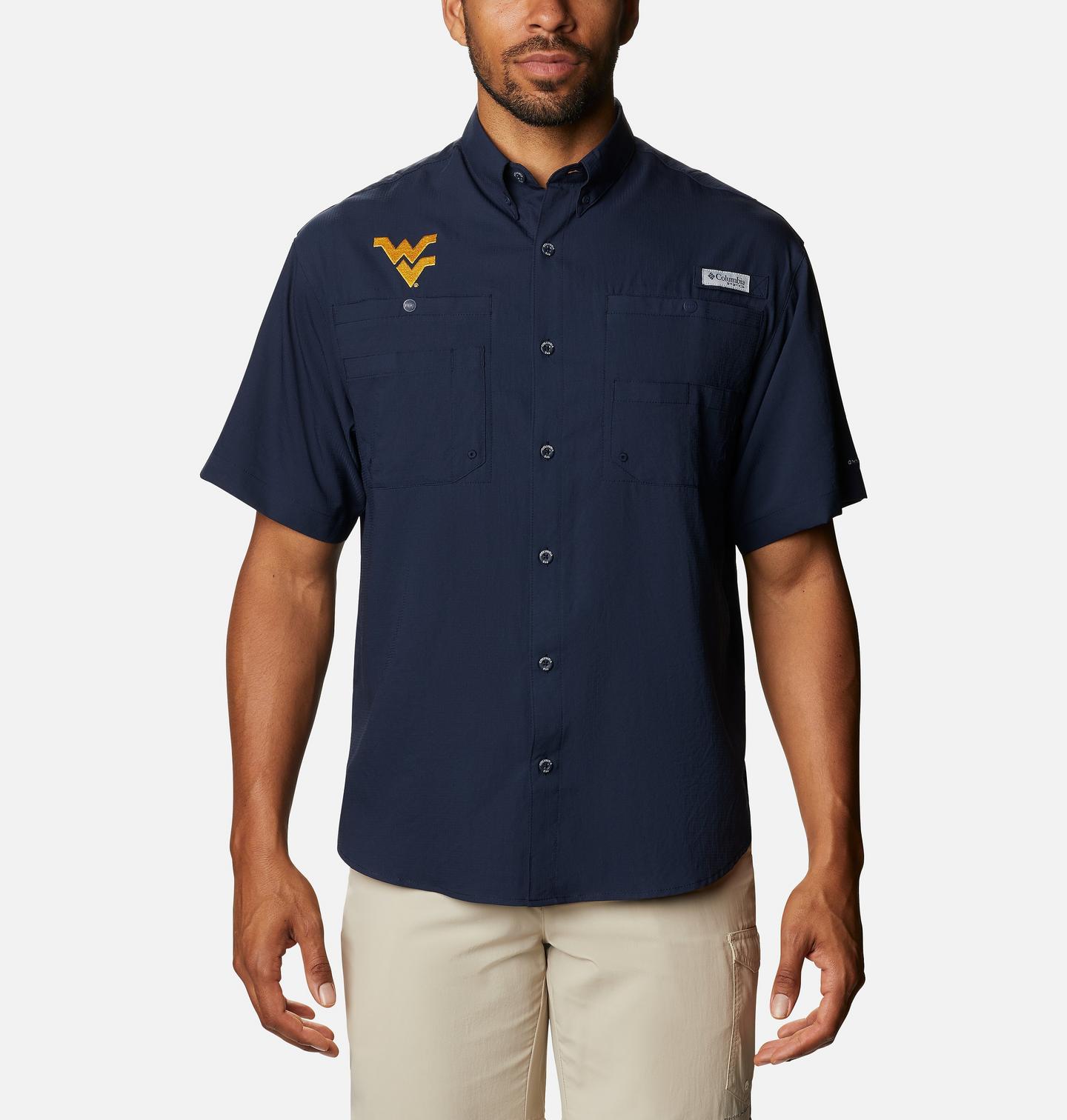 Мужская рубашка Columbia Collegiate PFG Tamiami Short Sleeve Shirt - West Virginia, цвет: Тёмно-синий — фото 1