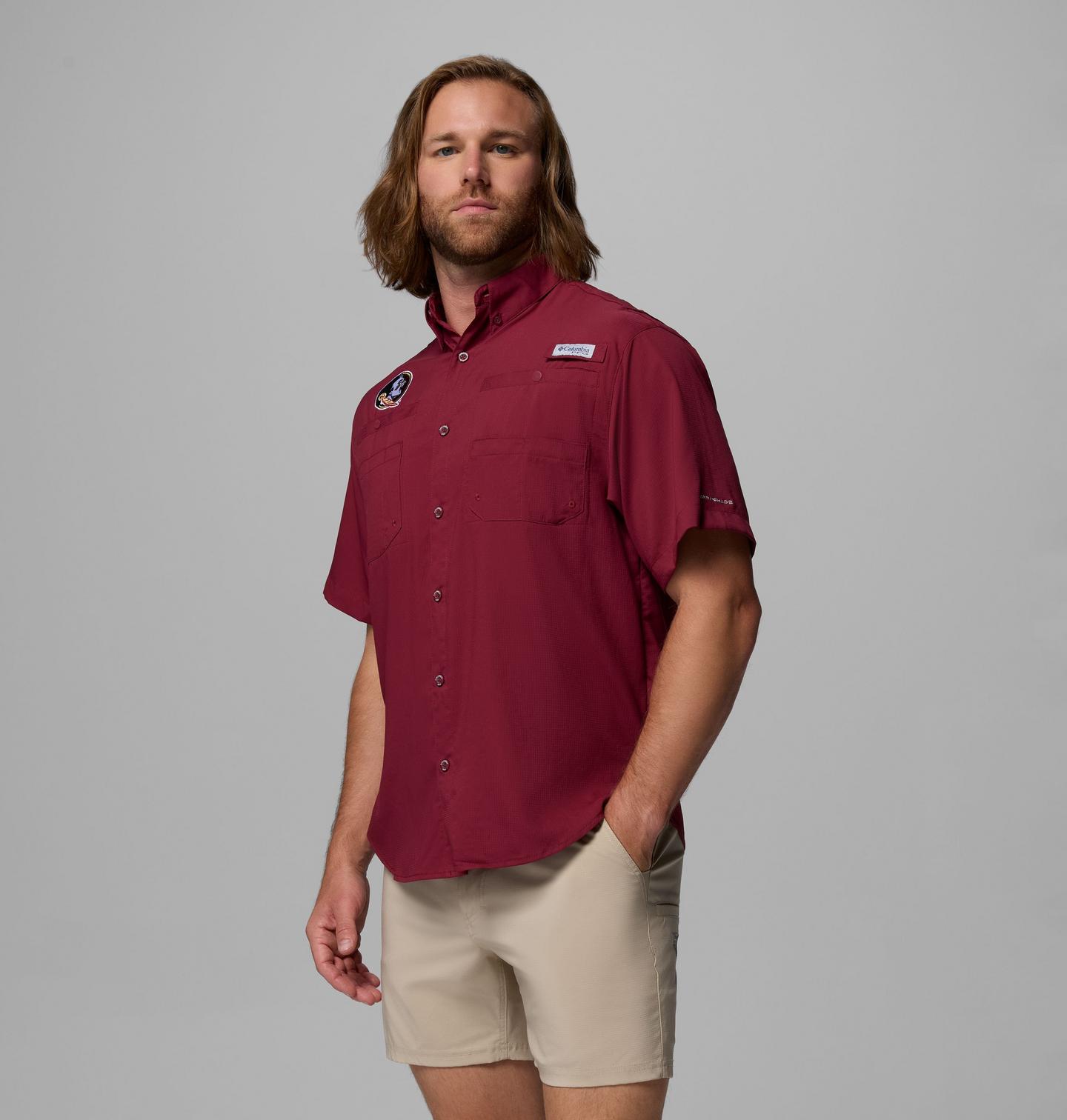Мужская рубашка Columbia Collegiate PFG Tamiami Short Sleeve Shirt - Florida State, цвет: Каберне — фото 4
