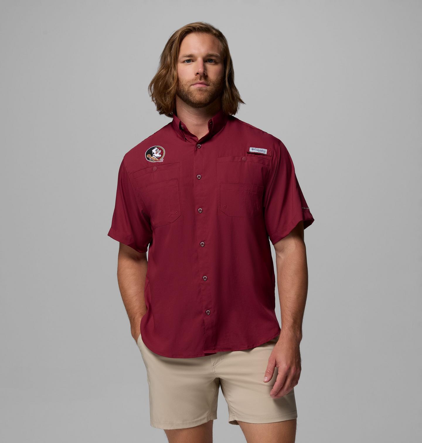 Мужская рубашка Columbia Collegiate PFG Tamiami Short Sleeve Shirt - Florida State, цвет: Каберне — фото 1