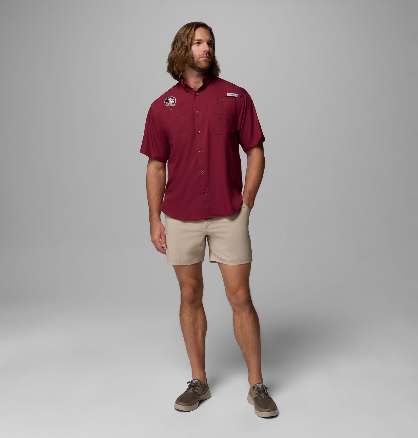 Мужская рубашка Columbia Collegiate PFG Tamiami Short Sleeve Shirt - Florida State, цвет: Каберне — фото 2