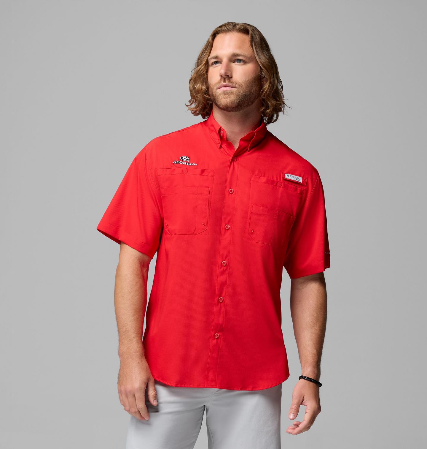 Мужская рубашка Columbia Collegiate PFG Tamiami Short Sleeve Shirt - Georgia, цвет: Яркий красный — фото 1