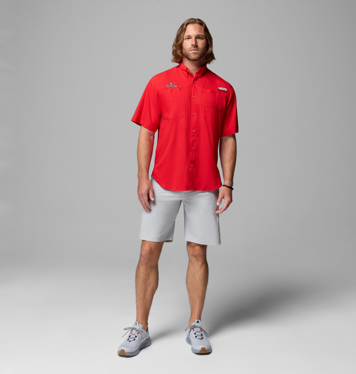 Мужская рубашка Columbia Collegiate PFG Tamiami Short Sleeve Shirt - Georgia, цвет: Яркий красный — фото 2