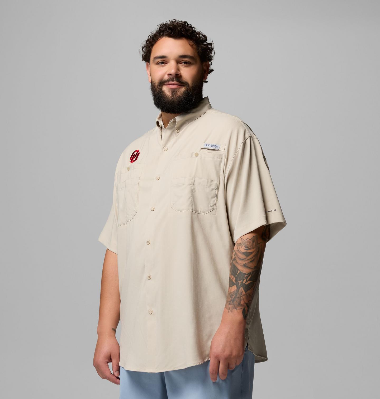 Мужская рубашка Columbia Collegiate PFG Tamiami Short Sleeve Shirt - Big - Oklahoma, цвет: Серо-бежевый — фото 4