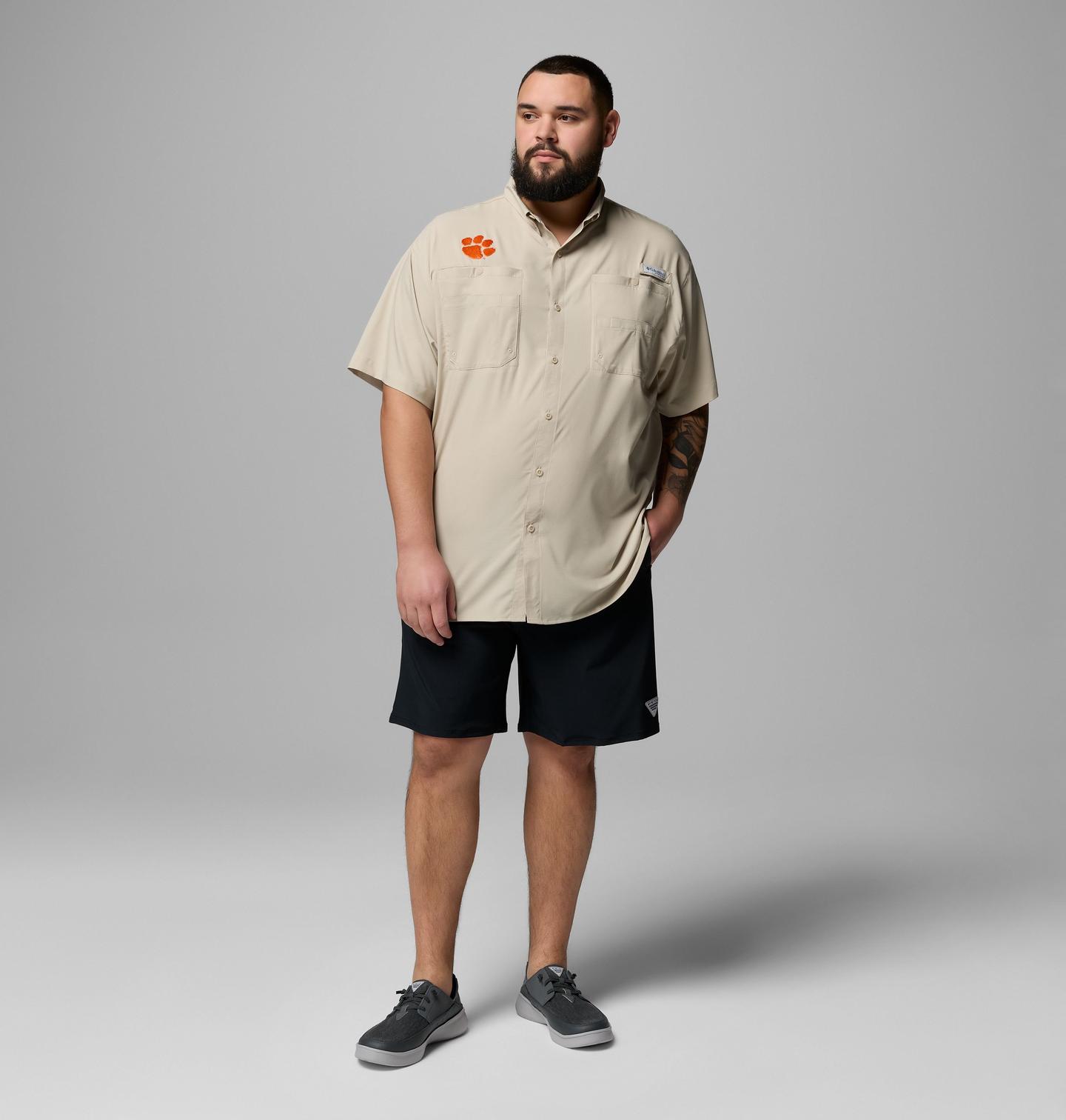 Мужская рубашка Columbia Collegiate PFG Tamiami Short Sleeve Shirt - Big - Clemson, цвет: Серо-бежевый — фото 2