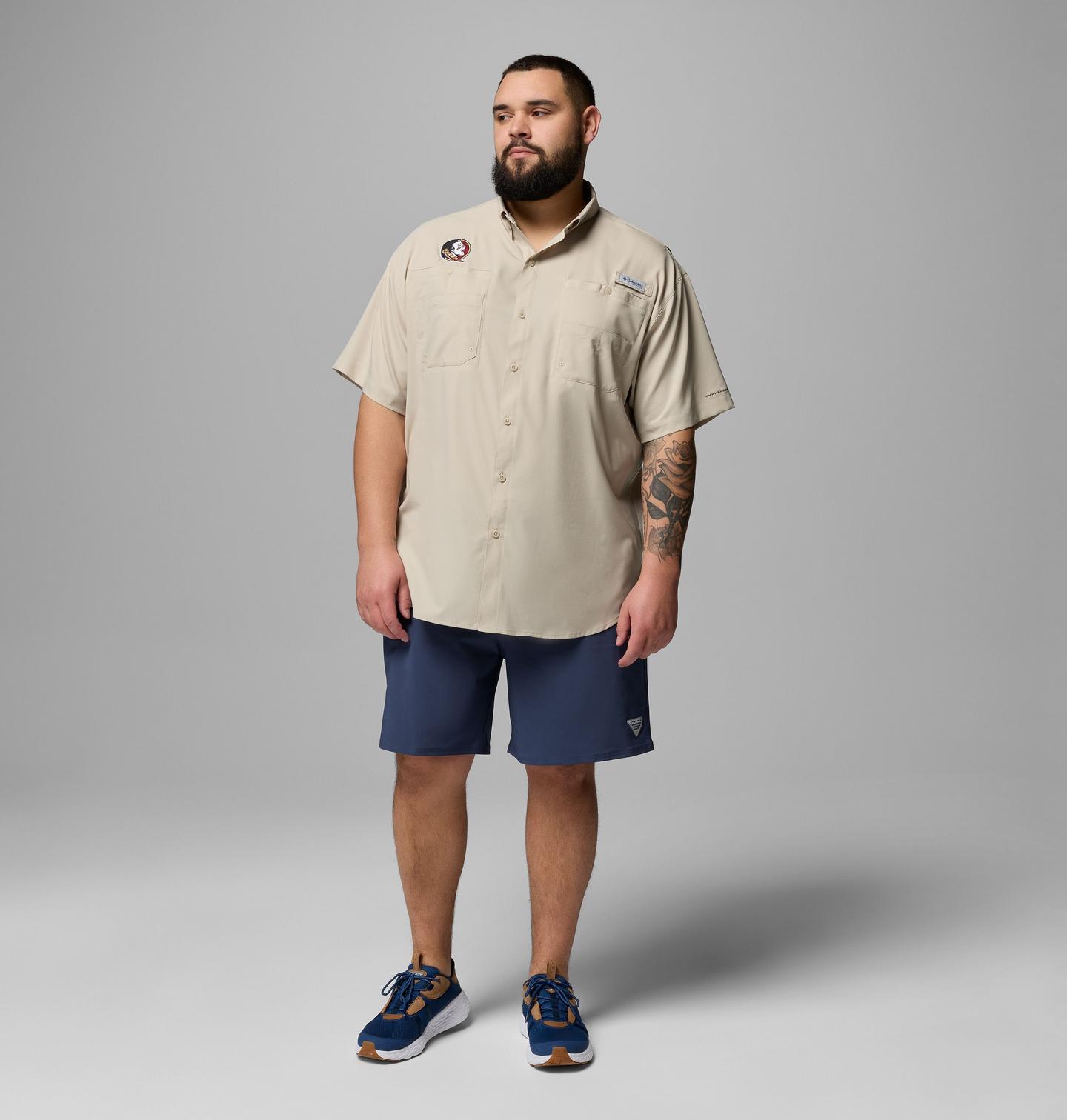 Мужская рубашка Columbia Collegiate PFG Tamiami Short Sleeve Shirt - Big - Florida State, цвет: Серо-бежевый — фото 2