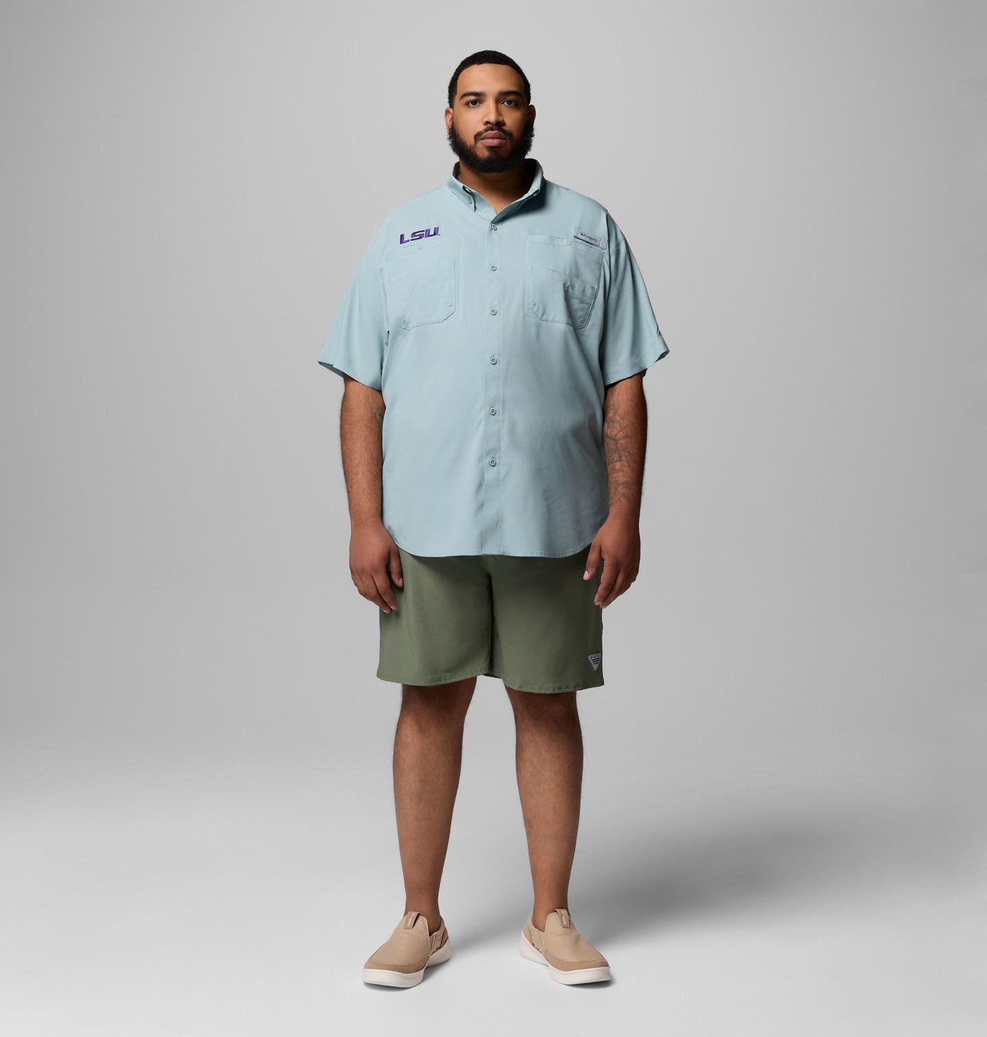 Мужская рубашка Columbia Collegiate PFG Tamiami Short Sleeve Shirt - Big - LSU, цвет: Синий — фото 2