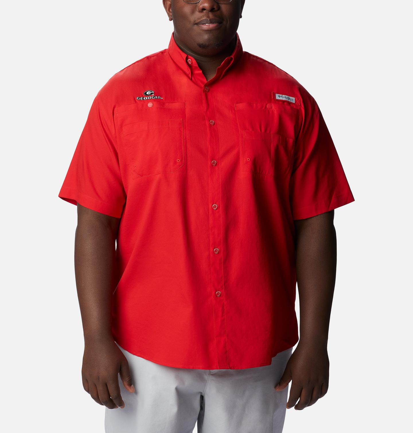 Мужская рубашка Columbia Collegiate PFG Tamiami Short Sleeve Shirt - Big - Georgia, цвет: Яркий красный — фото 1