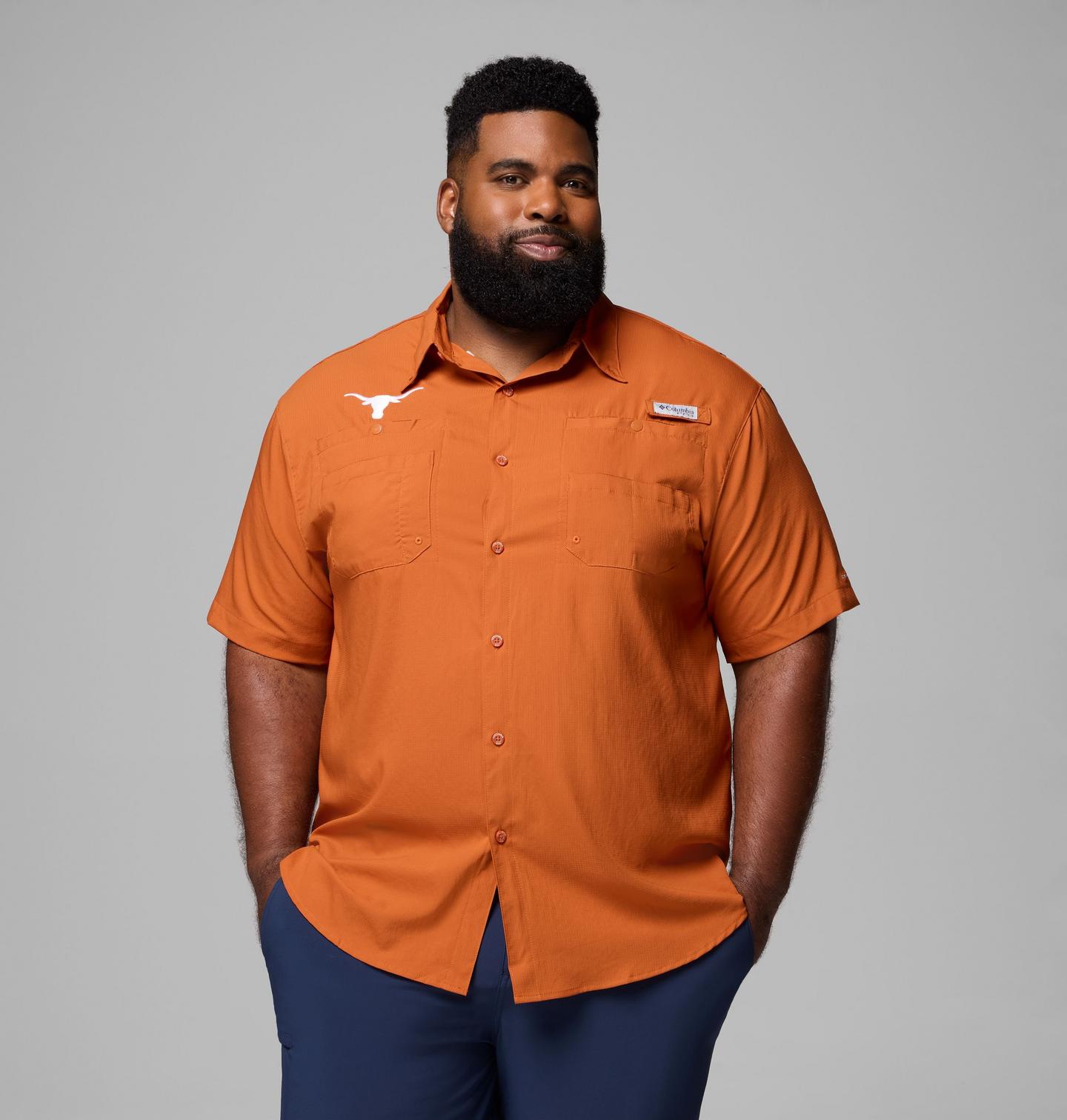 Мужская рубашка Columbia Collegiate PFG Tamiami Short Sleeve Shirt - Big - Texas, цвет: Кедровый — фото 1
