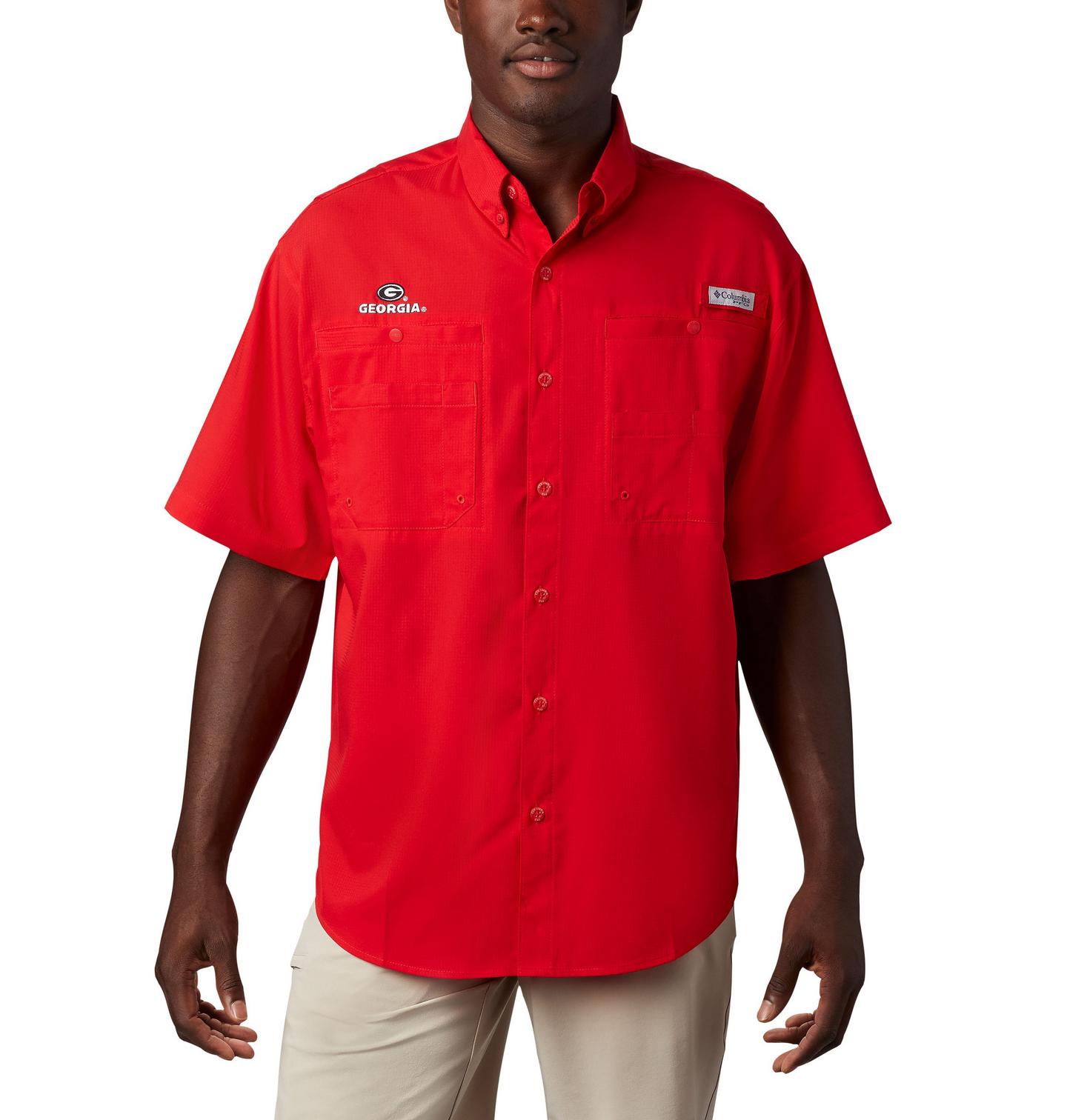 Мужская рубашка Columbia Collegiate PFG Tamiami Short Sleeve Shirt - Tall - Georgia, цвет: Яркий красный — фото 1
