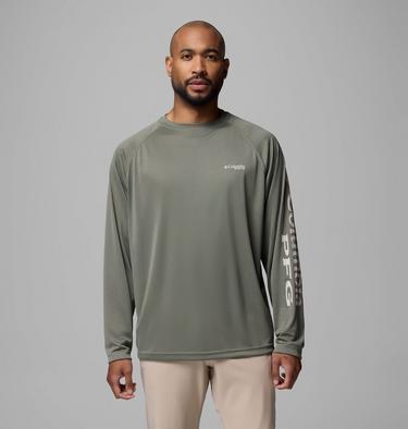 Men's PFG Terminal Tackle Long Sleeve Shirt, Color: Cypress, Dark Stone Logo, image 3