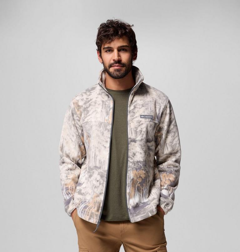 Men’s Steens Mountain Printed Fleece Jacket, Color: City Grey Deschutestrees, image 5