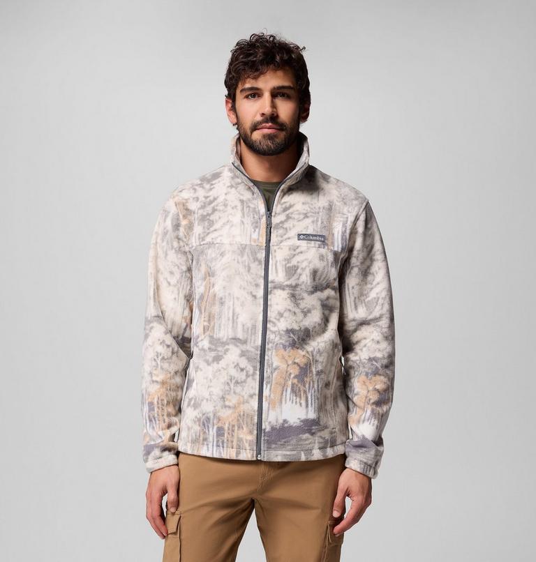 Men’s Steens Mountain Printed Fleece Jacket, Color: City Grey Deschutestrees, image 1