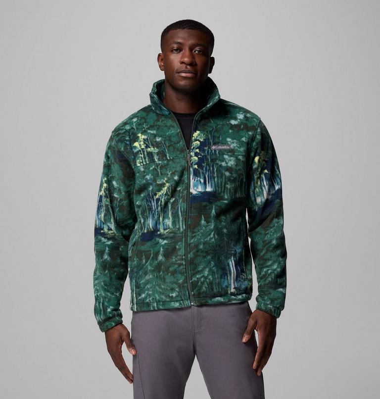 Men’s Steens Mountain Printed Fleece Jacket, Color: Rain Forest Deschutestrees, image 1