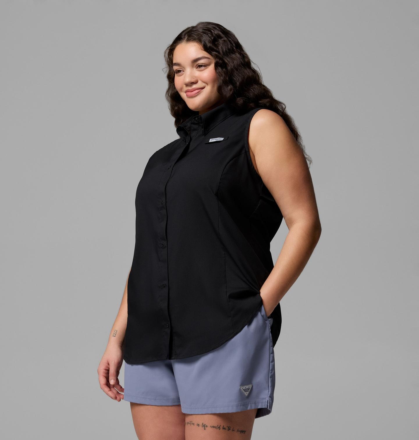 Женская рубашка Columbia PFG Tamiami Sleeveless Shirt - Plus Size, цвет: Чёрный — фото 4