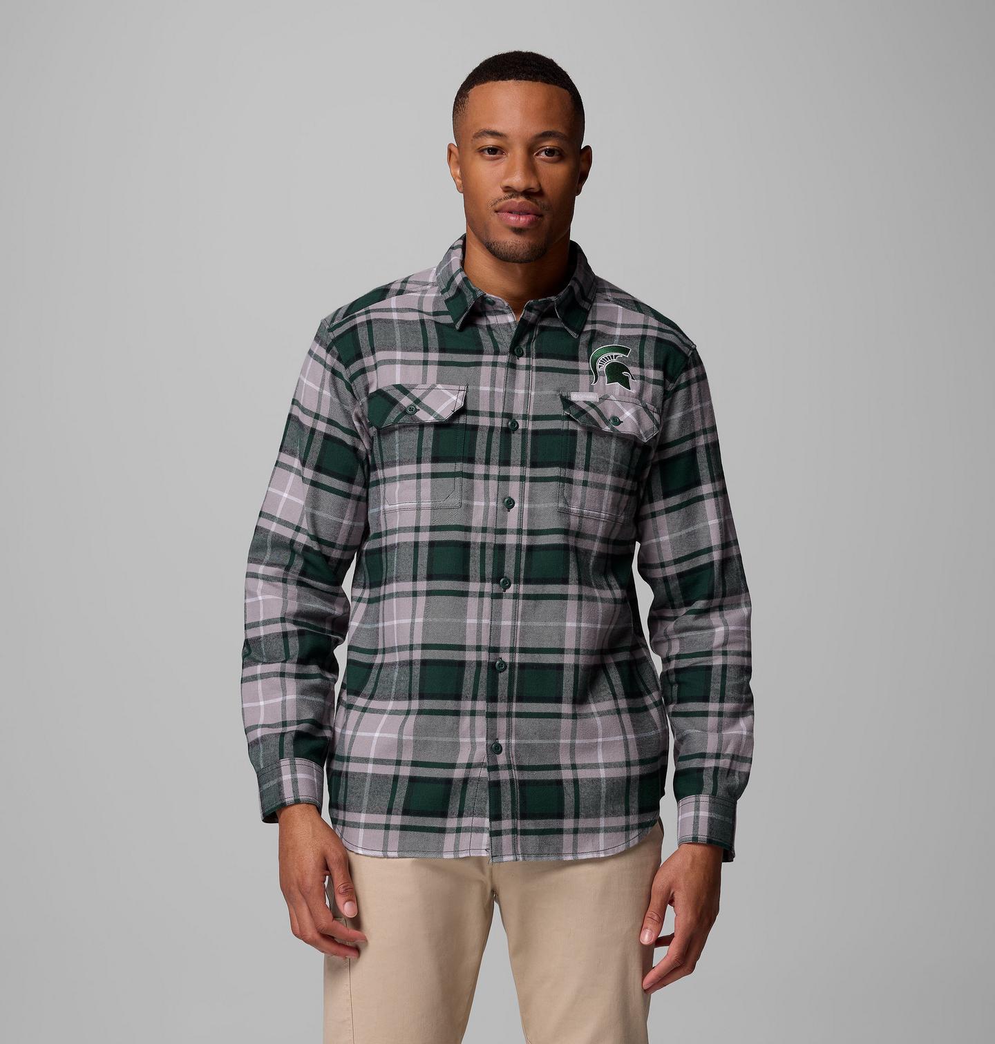 Мужская рубашка Columbia Collegiate Flare Gun Flannel Long Sleeve Shirt - Michigan State, цвет: Еловый — фото 1