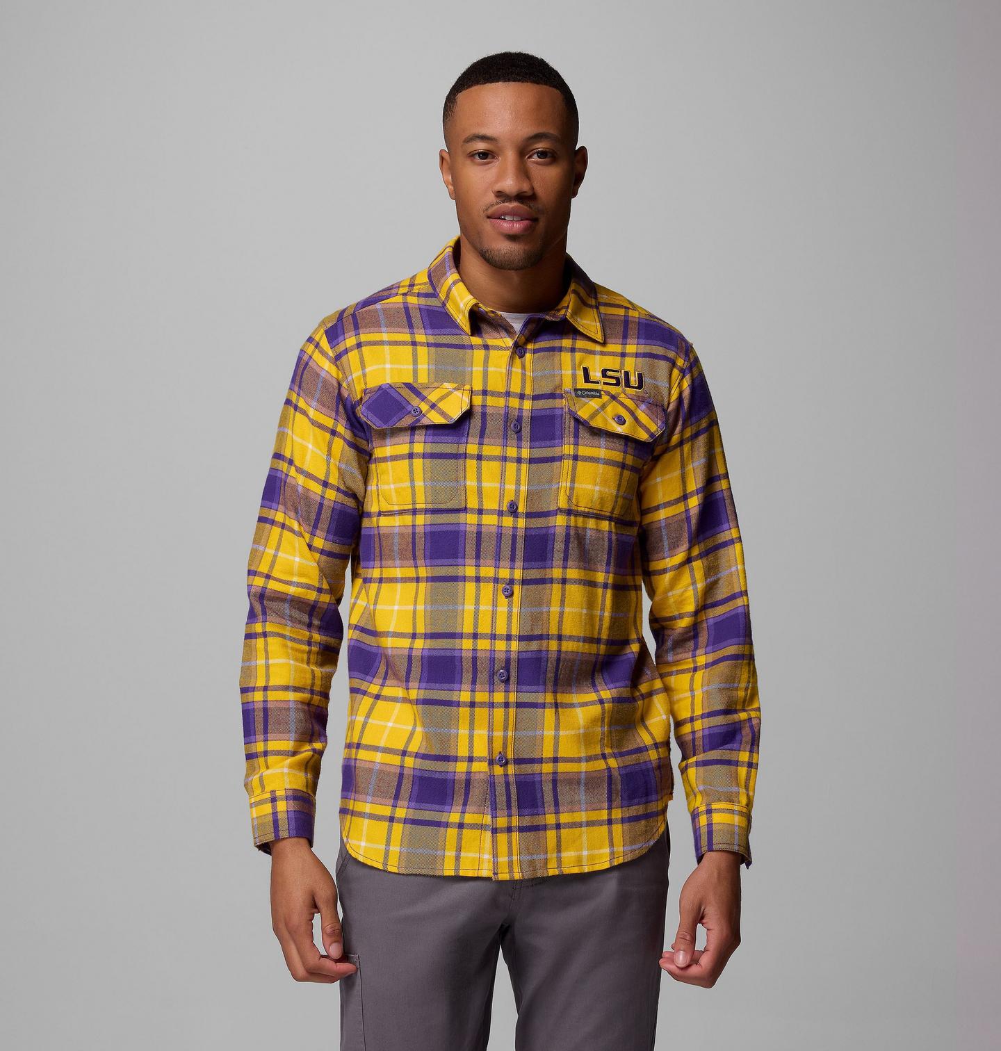 Мужская рубашка Columbia Collegiate Flare Gun Flannel Long Sleeve Shirt - LSU, цвет: Яркий фиолетовый — фото 1