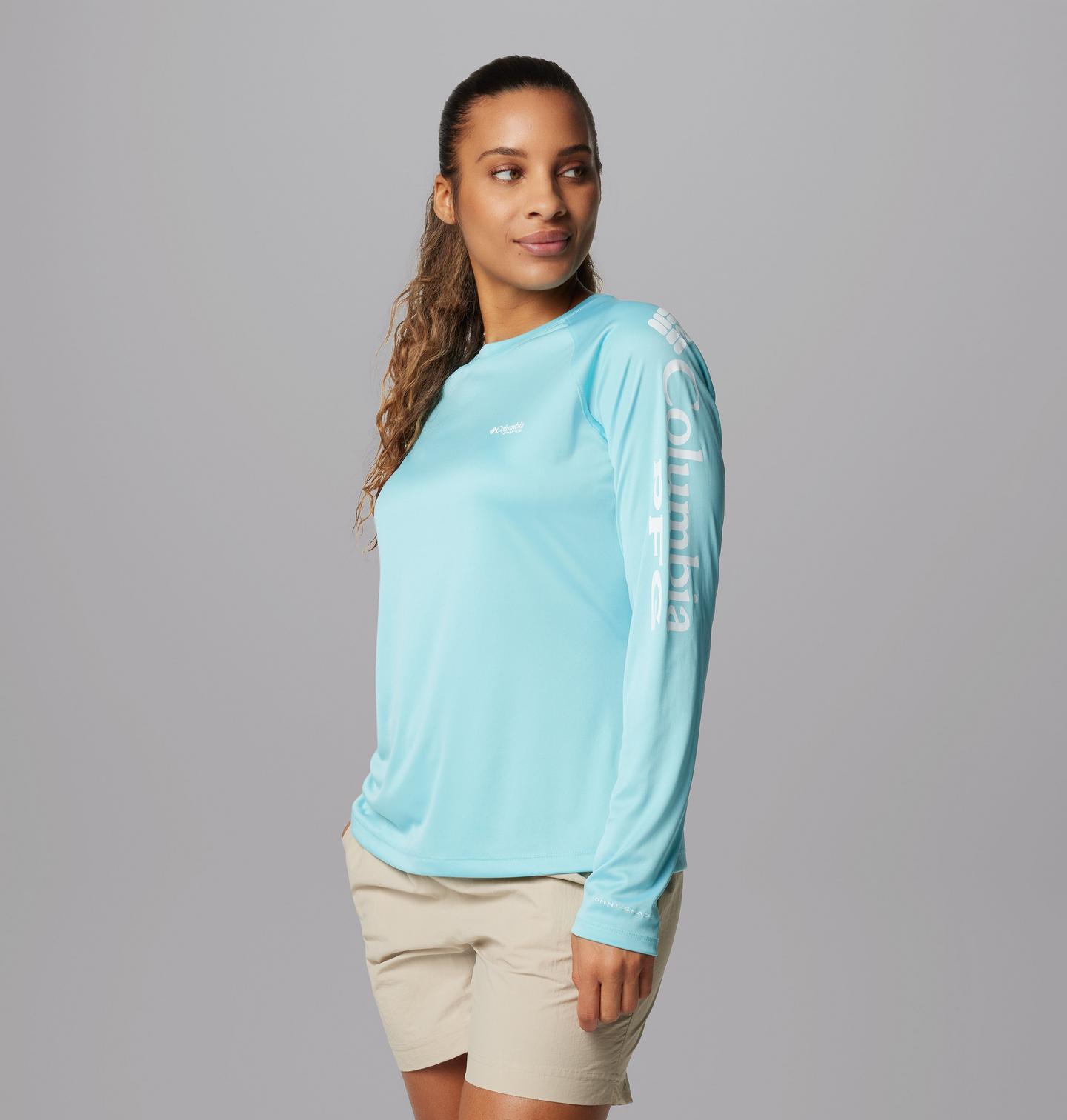 Женская футболка Columbia PFG Tidal Tee II Long Sleeve, цвет: Синий / Белый, вариант 1 — фото 4