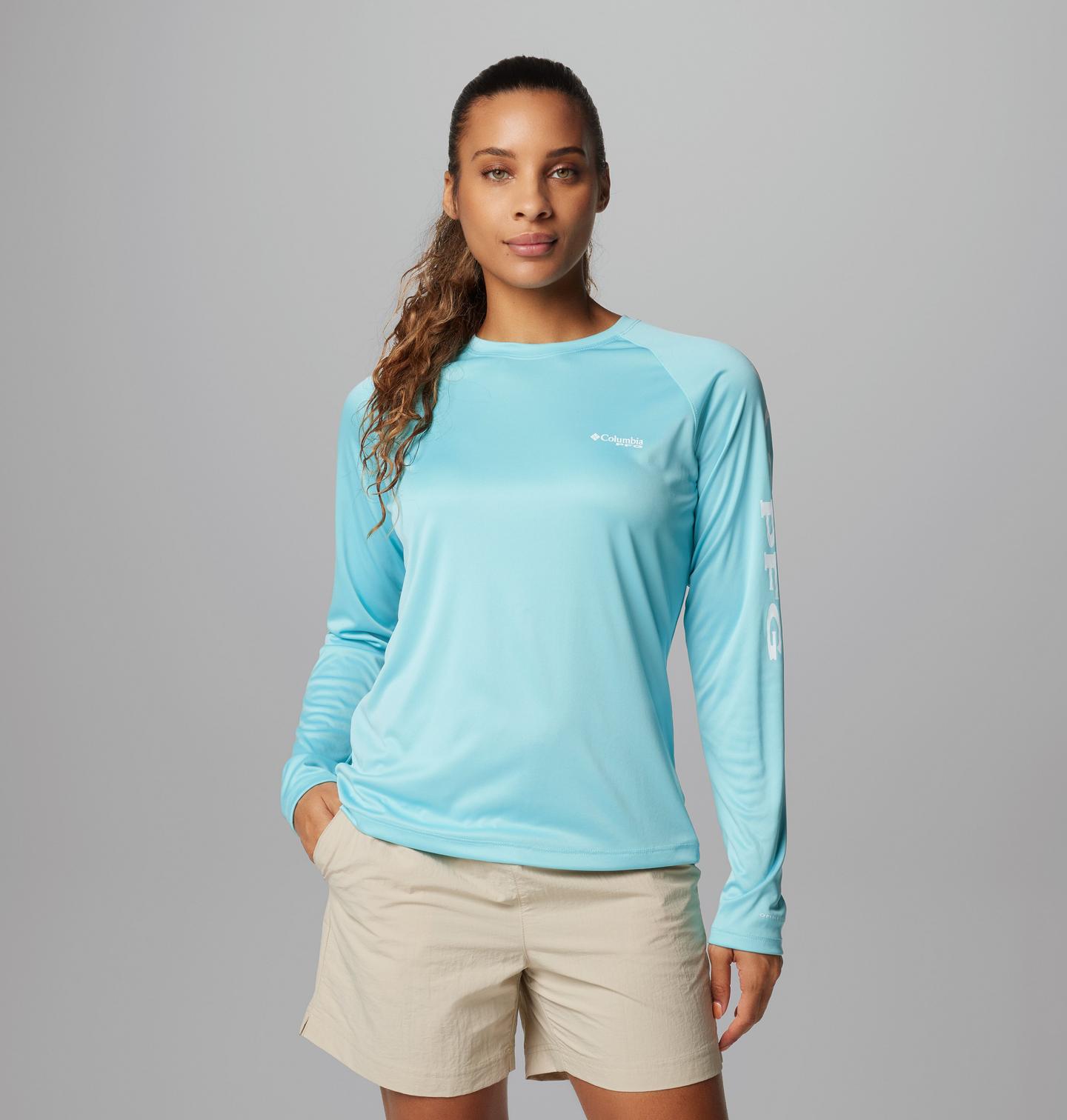 Женская футболка Columbia PFG Tidal Tee II Long Sleeve, цвет: Синий / Белый, вариант 1 — фото 1