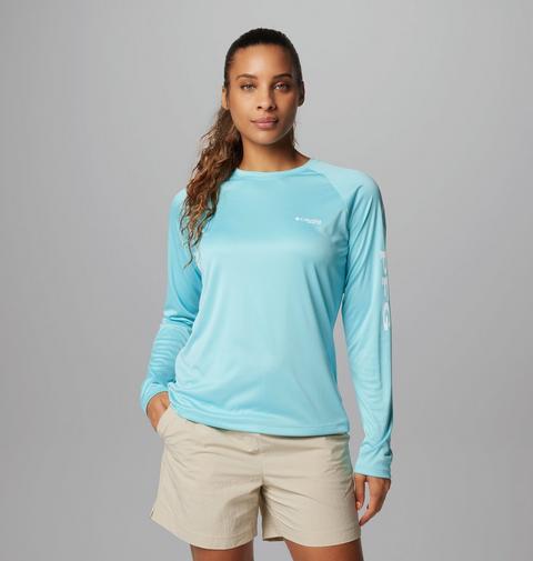 Женская футболка Columbia PFG Tidal Tee II Long Sleeve, цвет: Синий / Белый