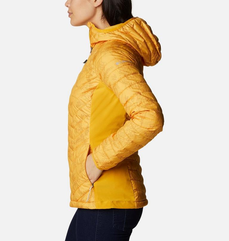 Women's Powder Pass Hybrid Hooded Jacket, Color: Bright Gold Art Bouquet Print Tonal, image 3