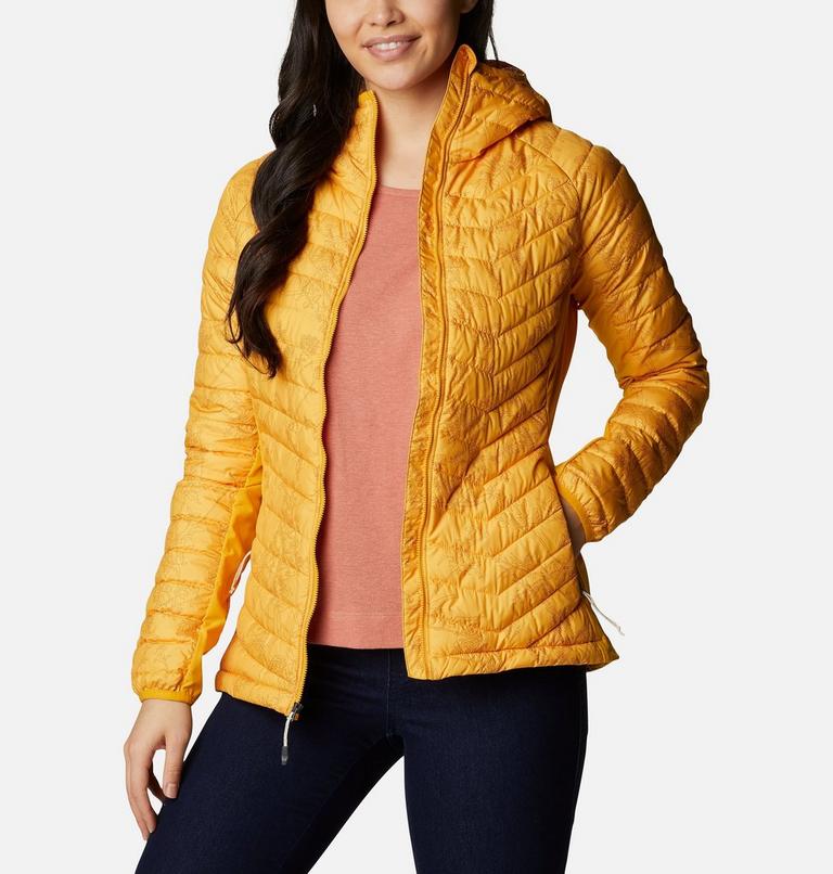 Women's Powder Pass Hybrid Hooded Jacket, Color: Bright Gold Art Bouquet Print Tonal, image 1