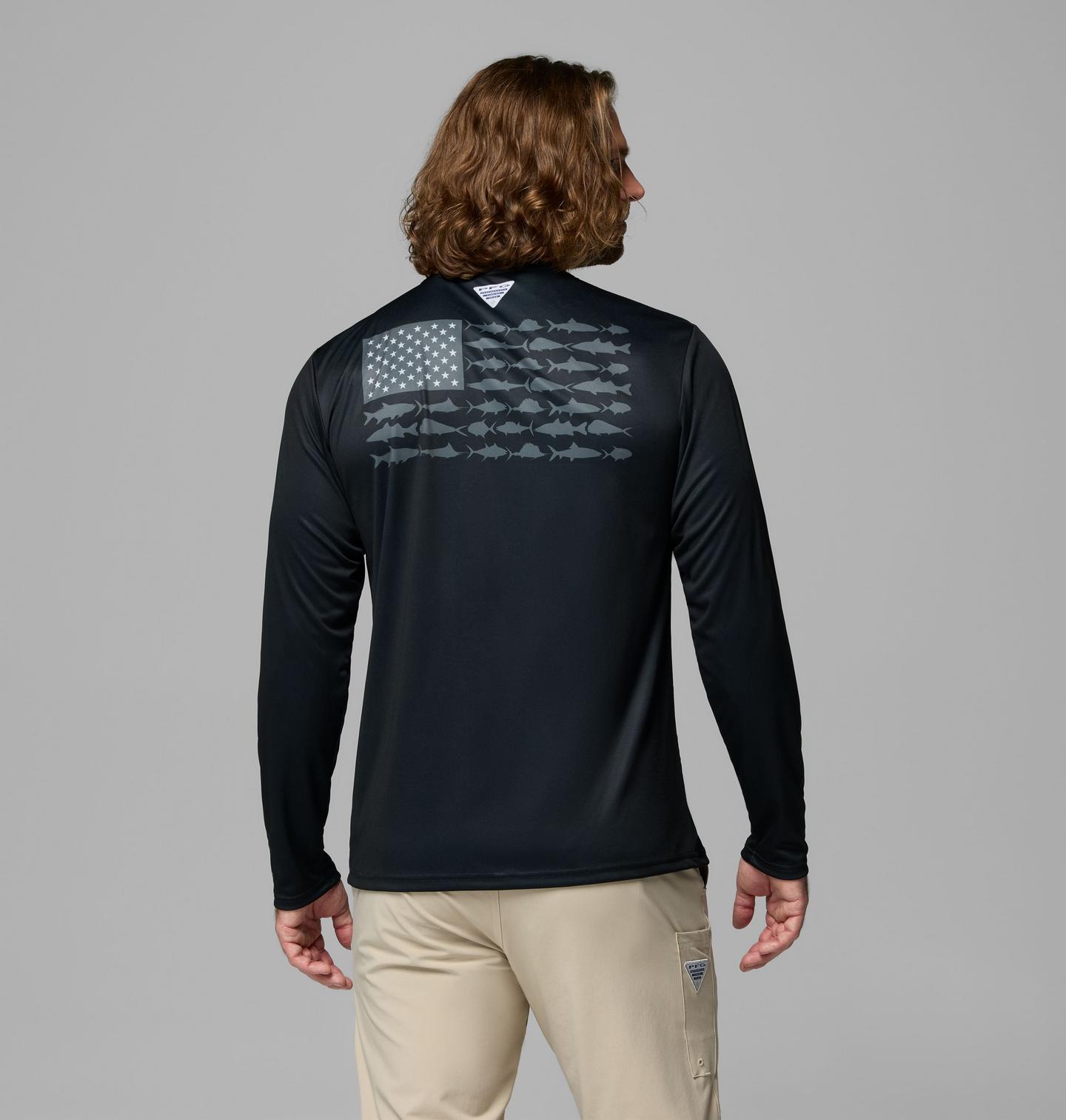 Мужская рубашка Columbia Terminal Tackle PFG Fish Flag Long Sleeve, цвет: Чёрный / Графитовый — фото 1