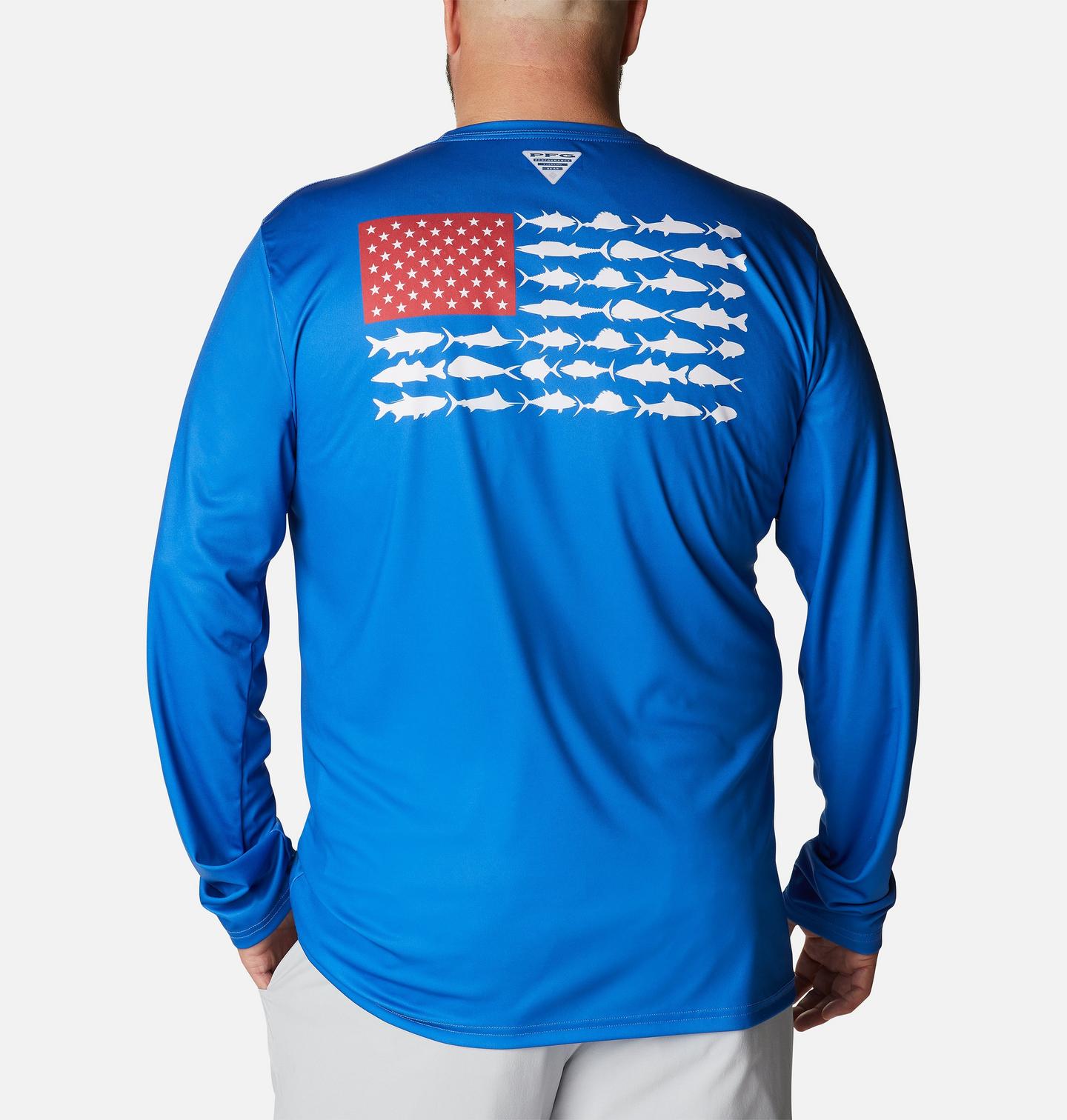 Мужская рубашка Columbia PFG Terminal Tackle Fish Flag Long Sleeve Shirt - Big, цвет: Синий / Белый — фото 1