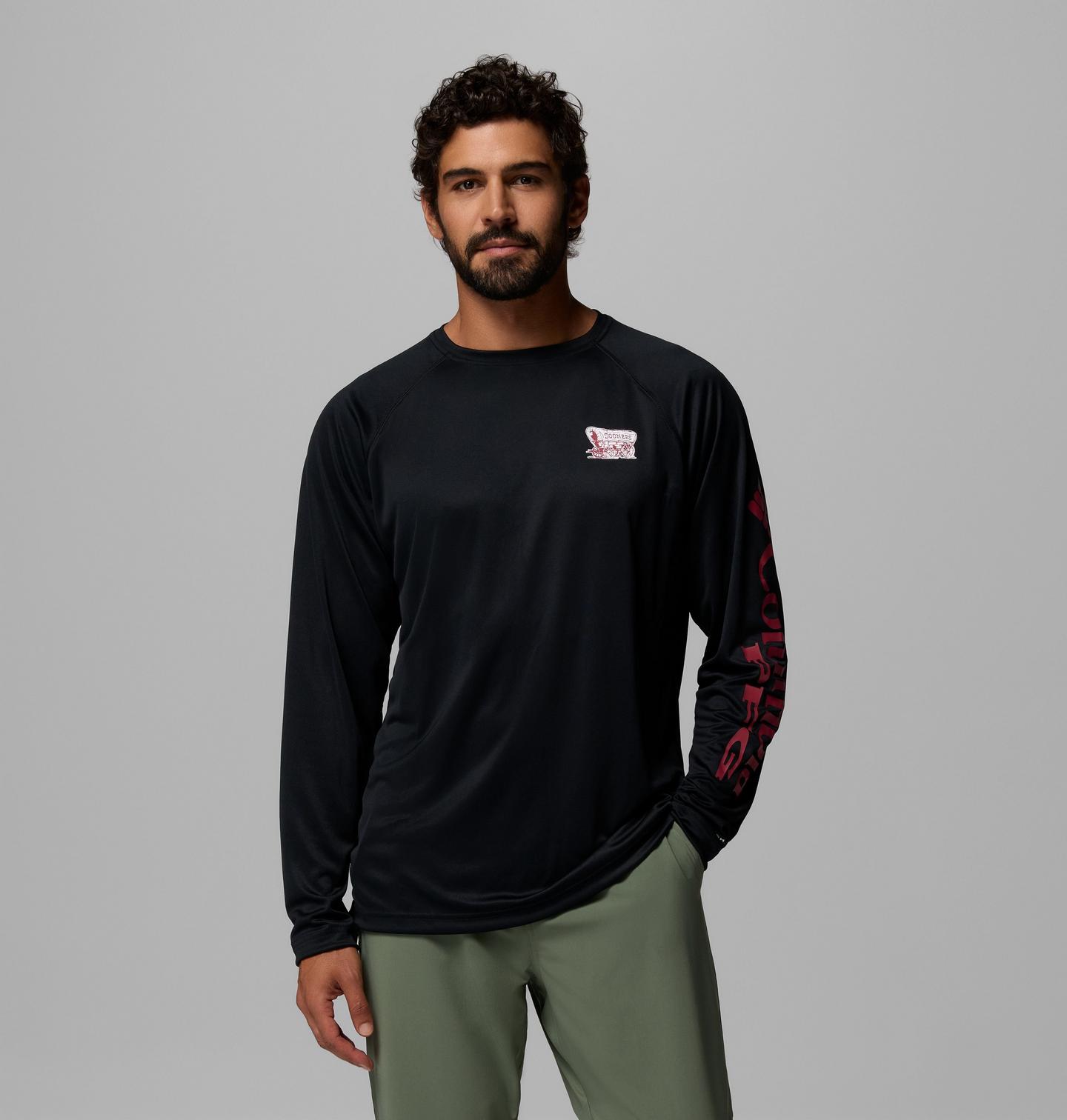 Мужская рубашка Columbia Collegiate PFG Terminal Tackle Long Sleeve Shirt - Oklahoma, цвет: Чёрный — фото 1