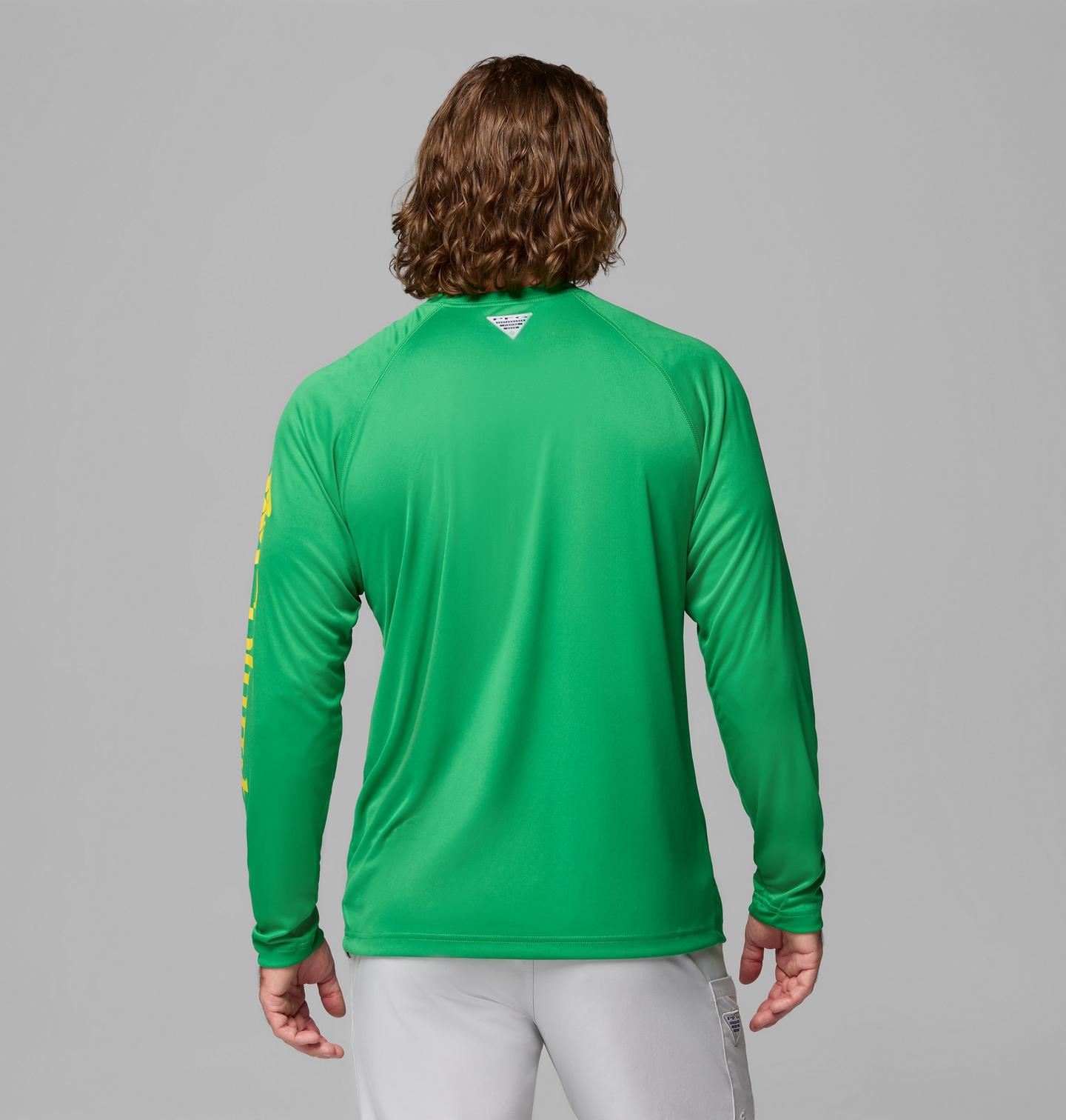 Мужская рубашка Columbia Collegiate PFG Terminal Tackle Long Sleeve Shirt - Oregon, цвет: Зелёный / Жёлтый — фото 3