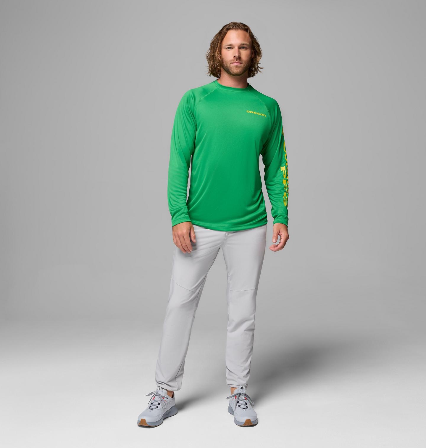 Мужская рубашка Columbia Collegiate PFG Terminal Tackle Long Sleeve Shirt - Oregon, цвет: Зелёный / Жёлтый — фото 2