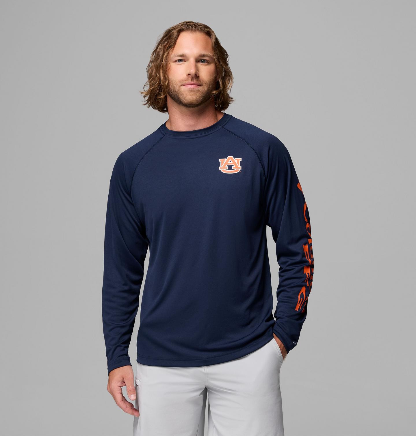 Мужская рубашка Columbia Collegiate PFG Terminal Tackle Long Sleeve Shirt - Auburn, цвет: Тёмно-синий / Оранжевый — фото 1