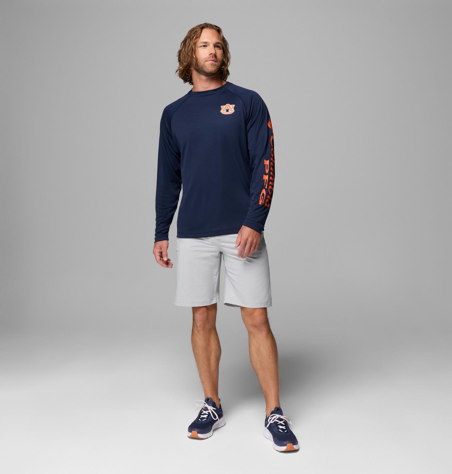 Мужская рубашка Columbia Collegiate PFG Terminal Tackle Long Sleeve Shirt - Auburn, цвет: Тёмно-синий / Оранжевый — фото 2