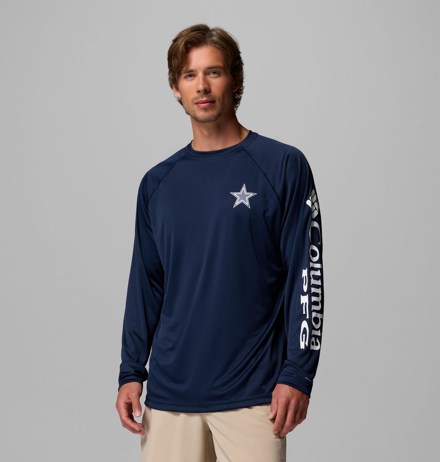 Мужская рубашка Columbia PFG Terminal Tackle Long Sleeve Shirt - Dallas Cowboys, цвет: Тёмно-синий / Белый — фото 1