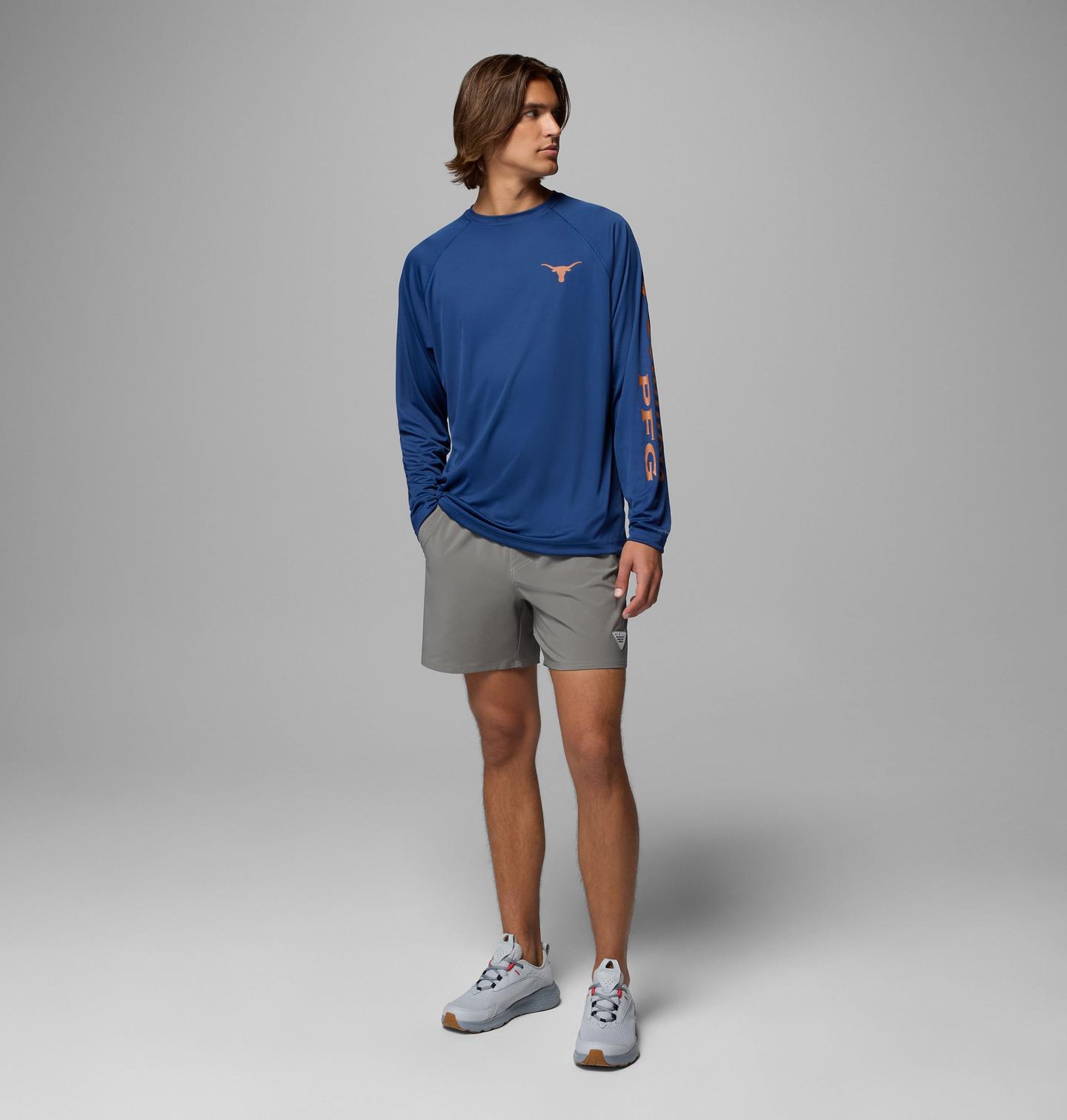 Мужская рубашка Columbia Collegiate PFG Terminal Tackle Long Sleeve Shirt - Texas, цвет: Карбоновый — фото 2