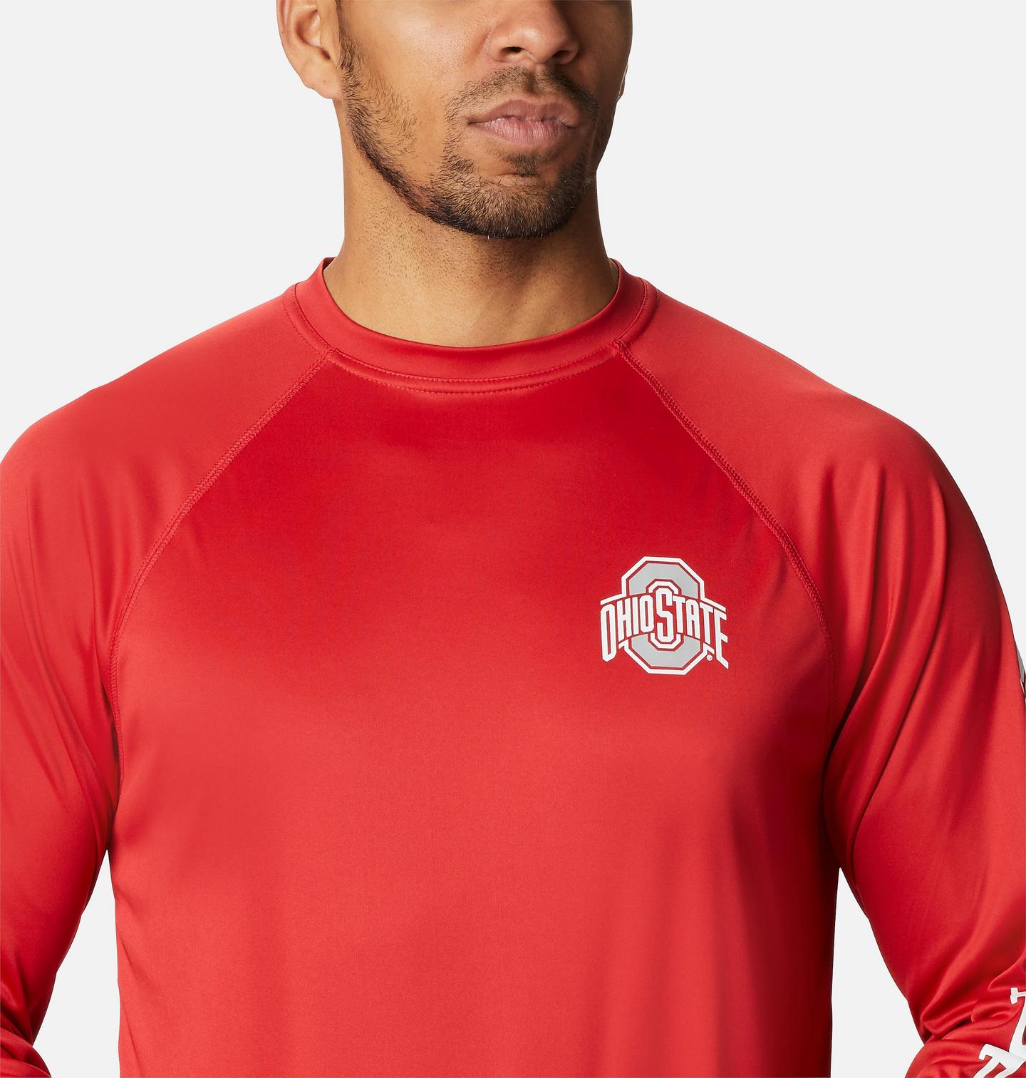 Мужская рубашка Columbia Collegiate PFG Terminal Tackle Long Sleeve - Ohio State, цвет: Красный / Белый — фото 4
