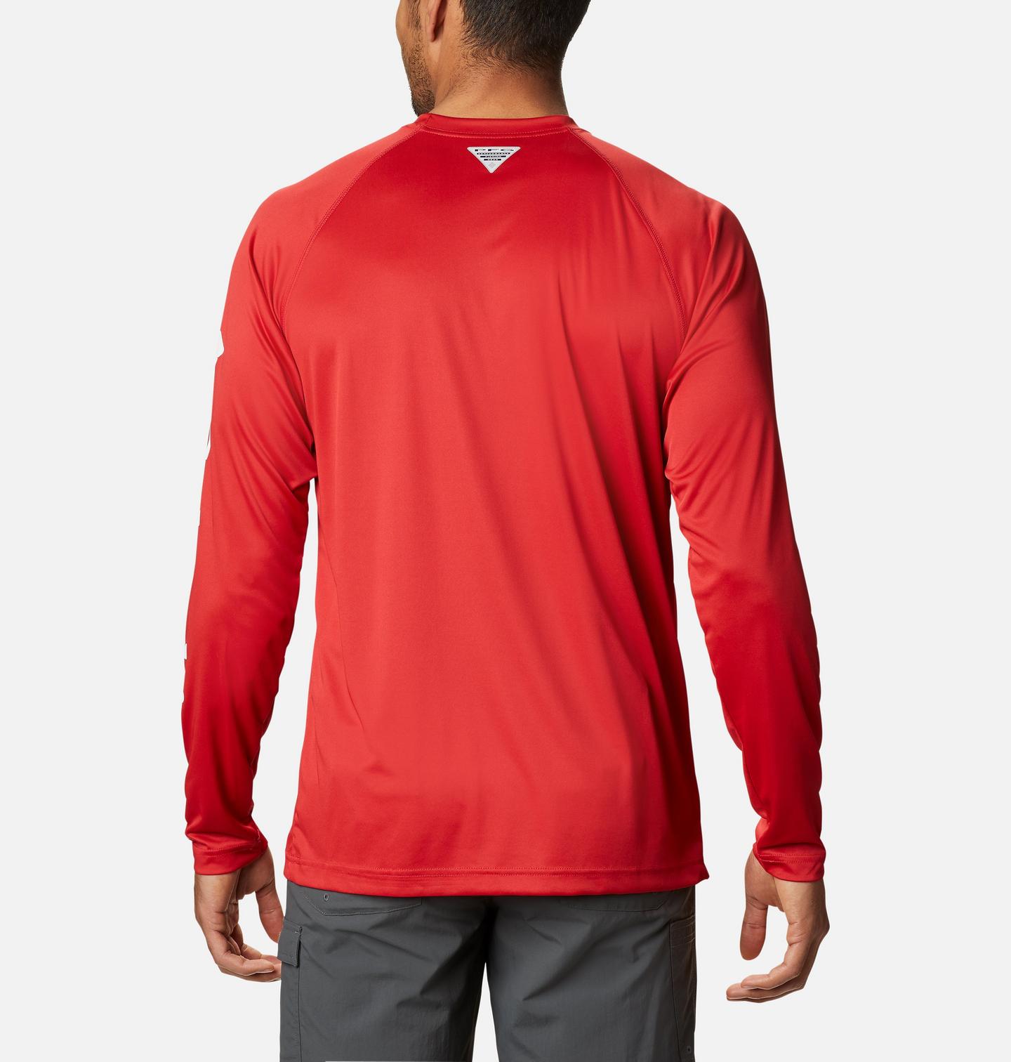 Мужская рубашка Columbia Collegiate PFG Terminal Tackle Long Sleeve - Ohio State, цвет: Красный / Белый — фото 2