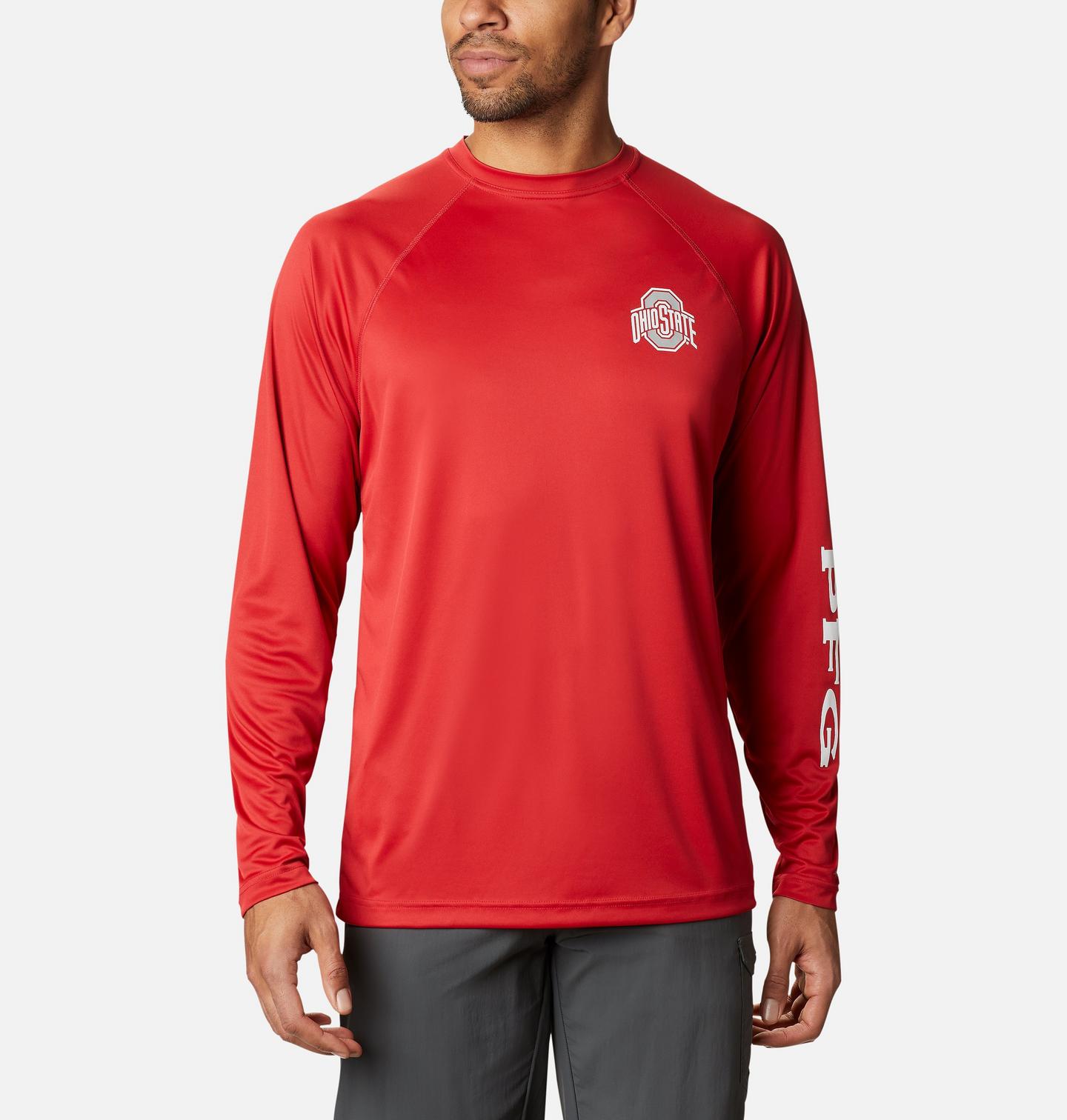 Мужская рубашка Columbia Collegiate PFG Terminal Tackle Long Sleeve - Ohio State, цвет: Красный / Белый — фото 1
