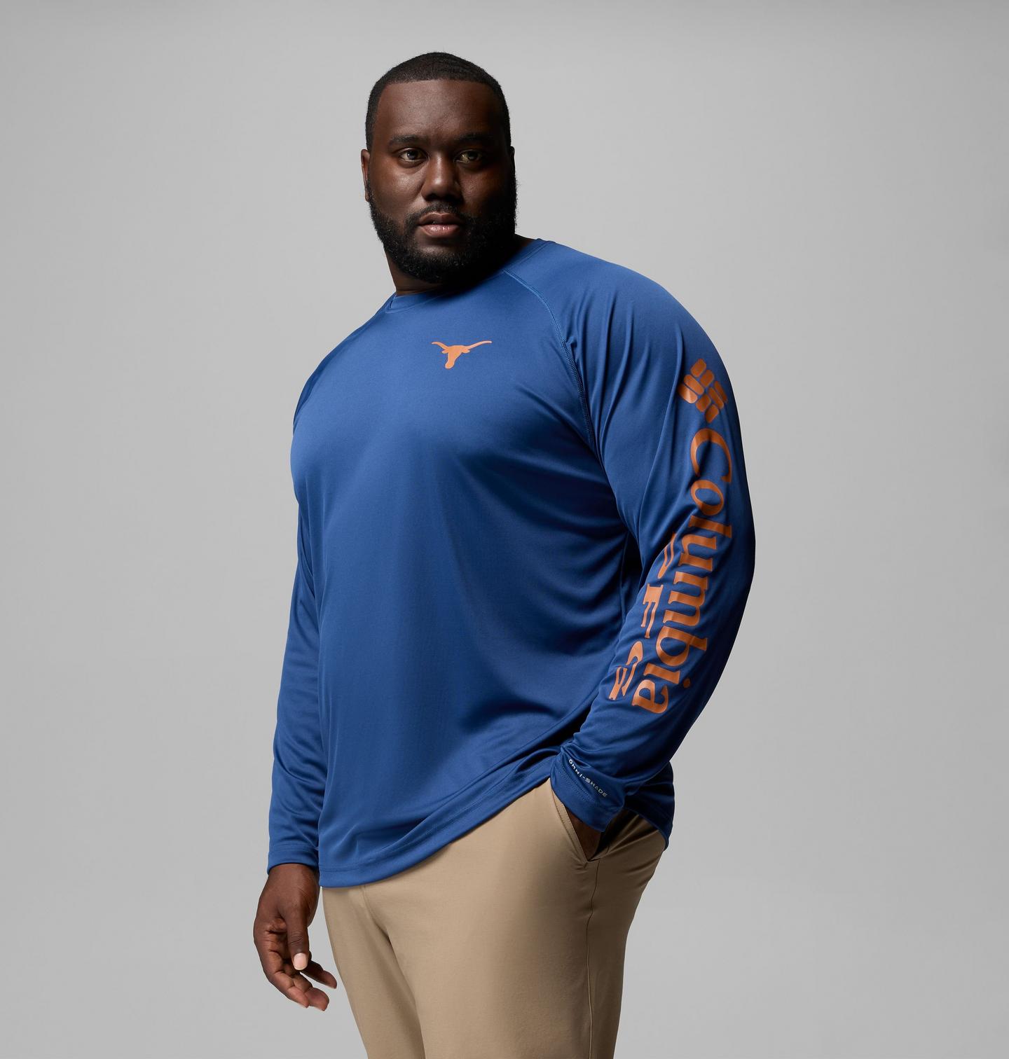 Мужская рубашка Columbia Collegiate PFG Terminal Tackle Long Sleeve Shirt - Big - Texas, цвет: Карбоновый — фото 4