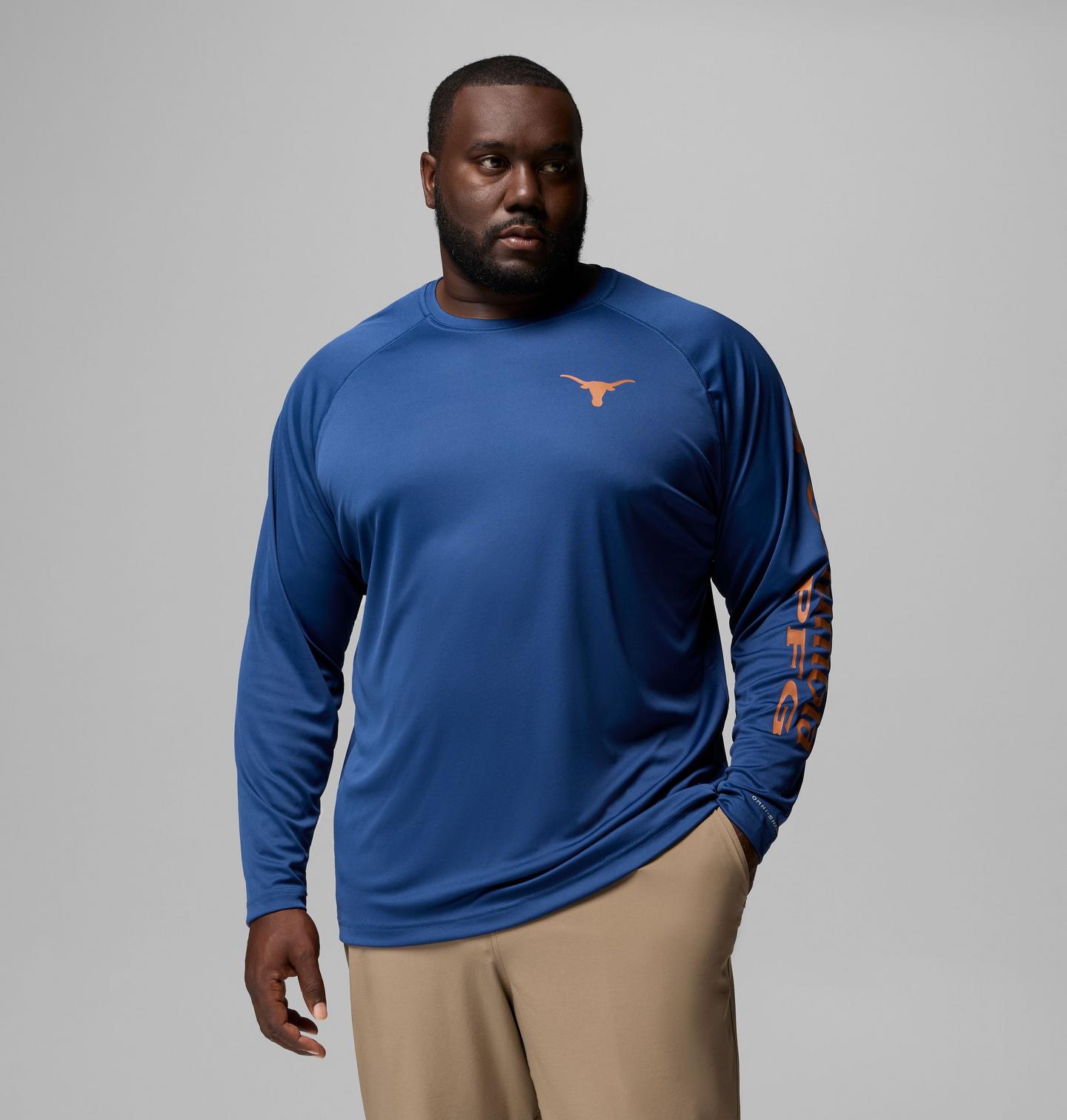 Мужская рубашка Columbia Collegiate PFG Terminal Tackle Long Sleeve Shirt - Big - Texas, цвет: Карбоновый — фото 1