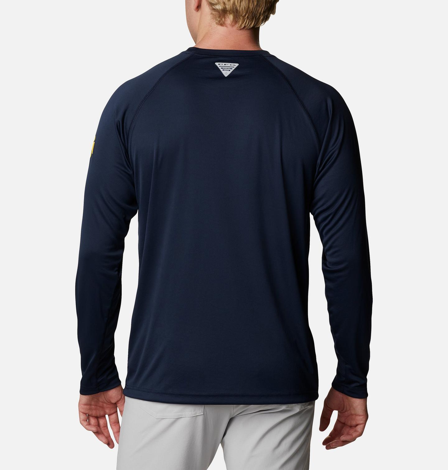 Мужская рубашка Columbia Collegiate PFG Terminal Tackle Long Sleeve - Tall - Michigan, цвет: Тёмно-синий / Жёлтый — фото 2