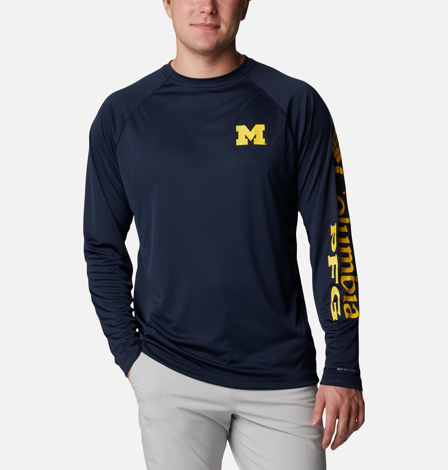 Мужская рубашка Columbia Collegiate PFG Terminal Tackle Long Sleeve - Tall - Michigan, цвет: Тёмно-синий / Жёлтый — фото 1