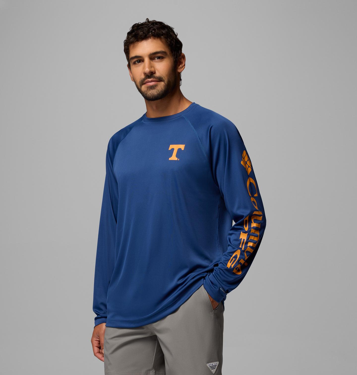Мужская рубашка Columbia Collegiate PFG Terminal Tackle Long Sleeve Shirt - Tall - Tennessee, цвет: Карбоновый — фото 3