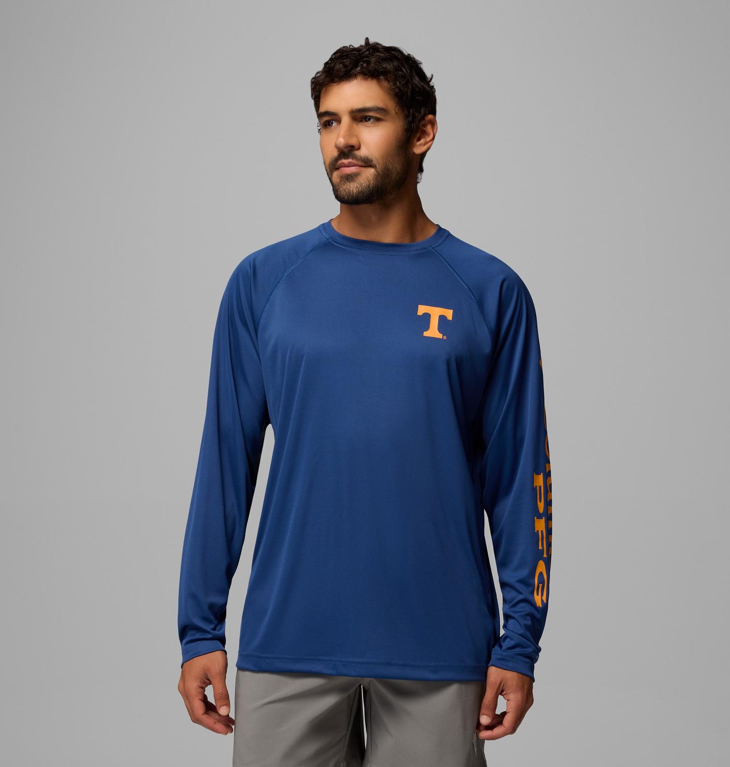 Мужская рубашка Columbia Collegiate PFG Terminal Tackle Long Sleeve Shirt - Tall - Tennessee, цвет: Карбоновый — фото 1